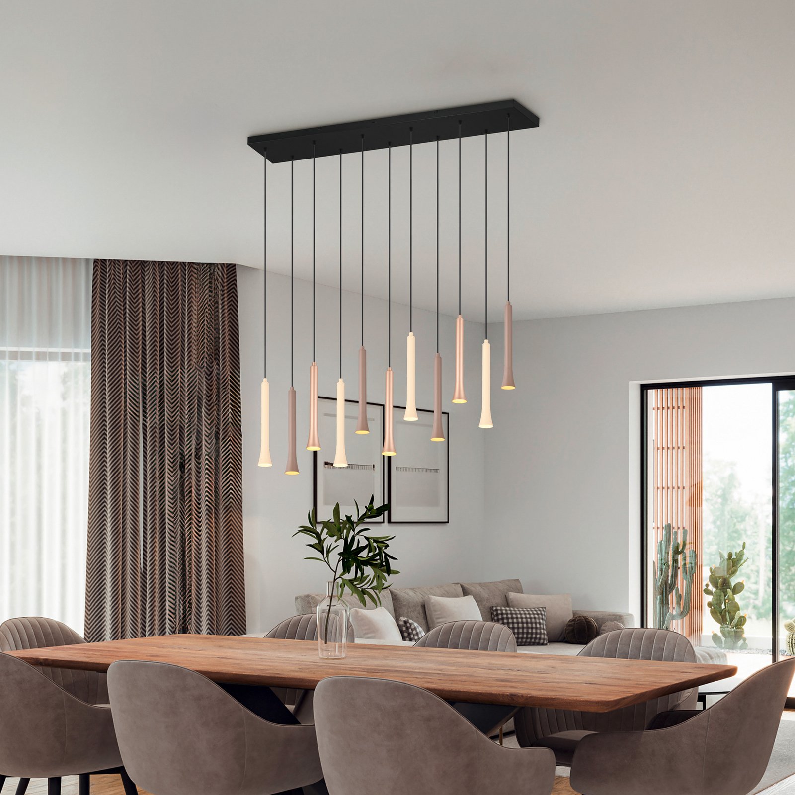 Candeeiro suspenso LED Fiato, 11 luzes, comprido, metal, taupe, café