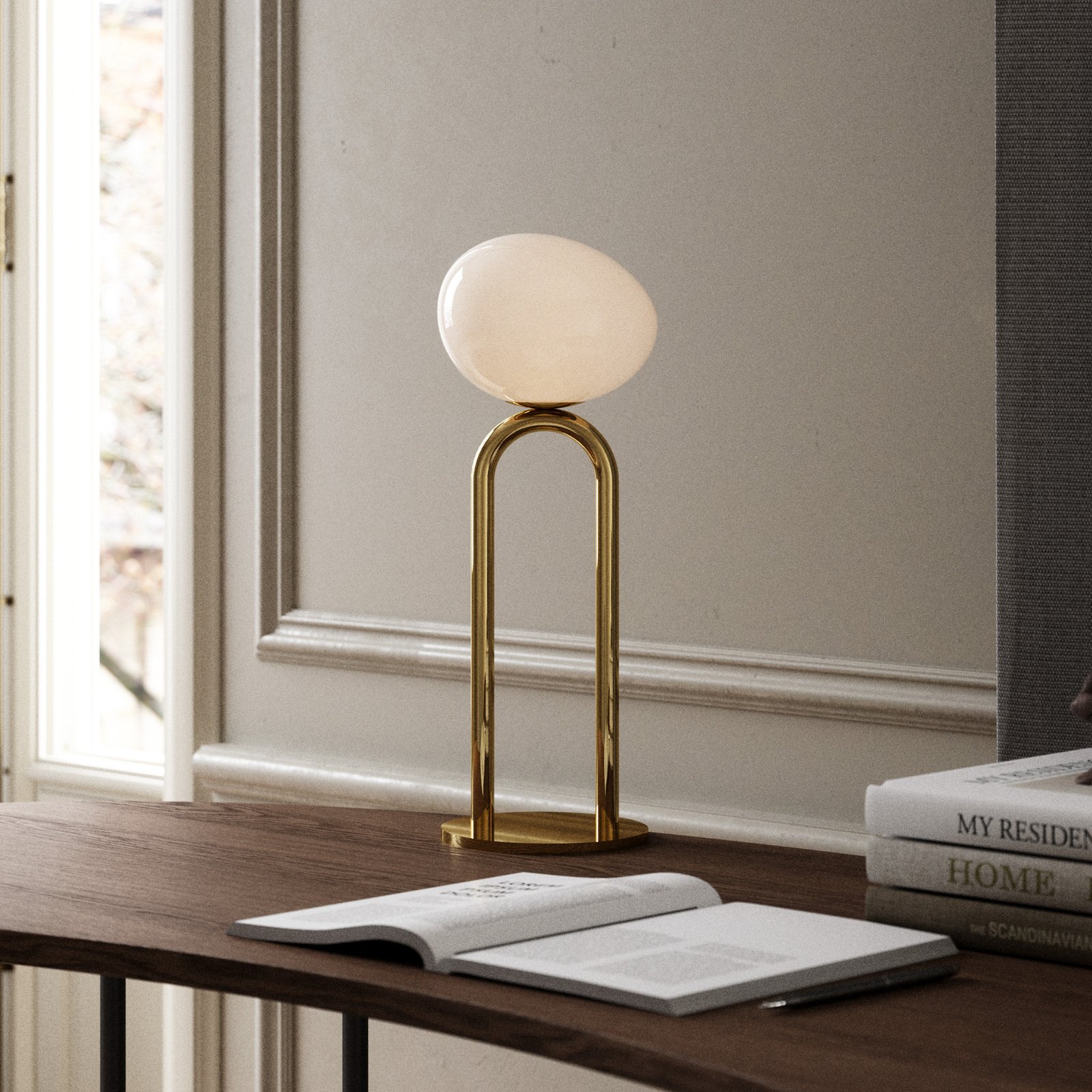 Shapes table lamp, glass lampshade, white/brass