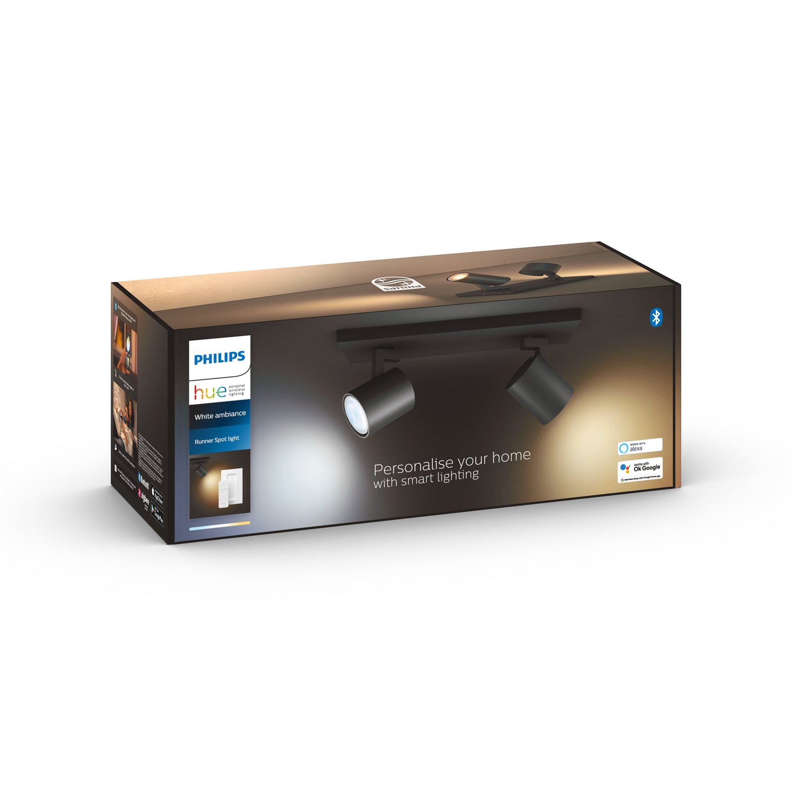 Philips Hue Runner Spot LED à 2 lampes, interrupteur à variateur, noir