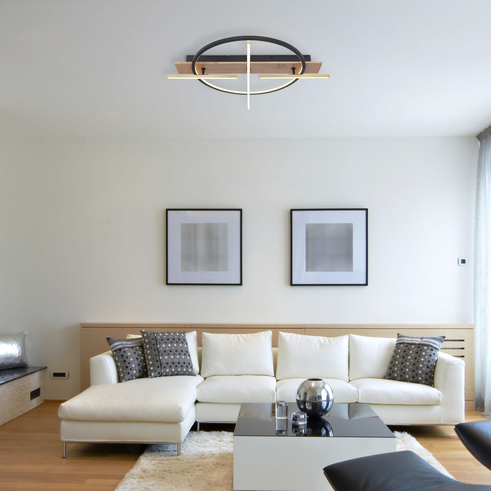 Beatrix LED ceiling light, length 44 cm, wood/black, wood