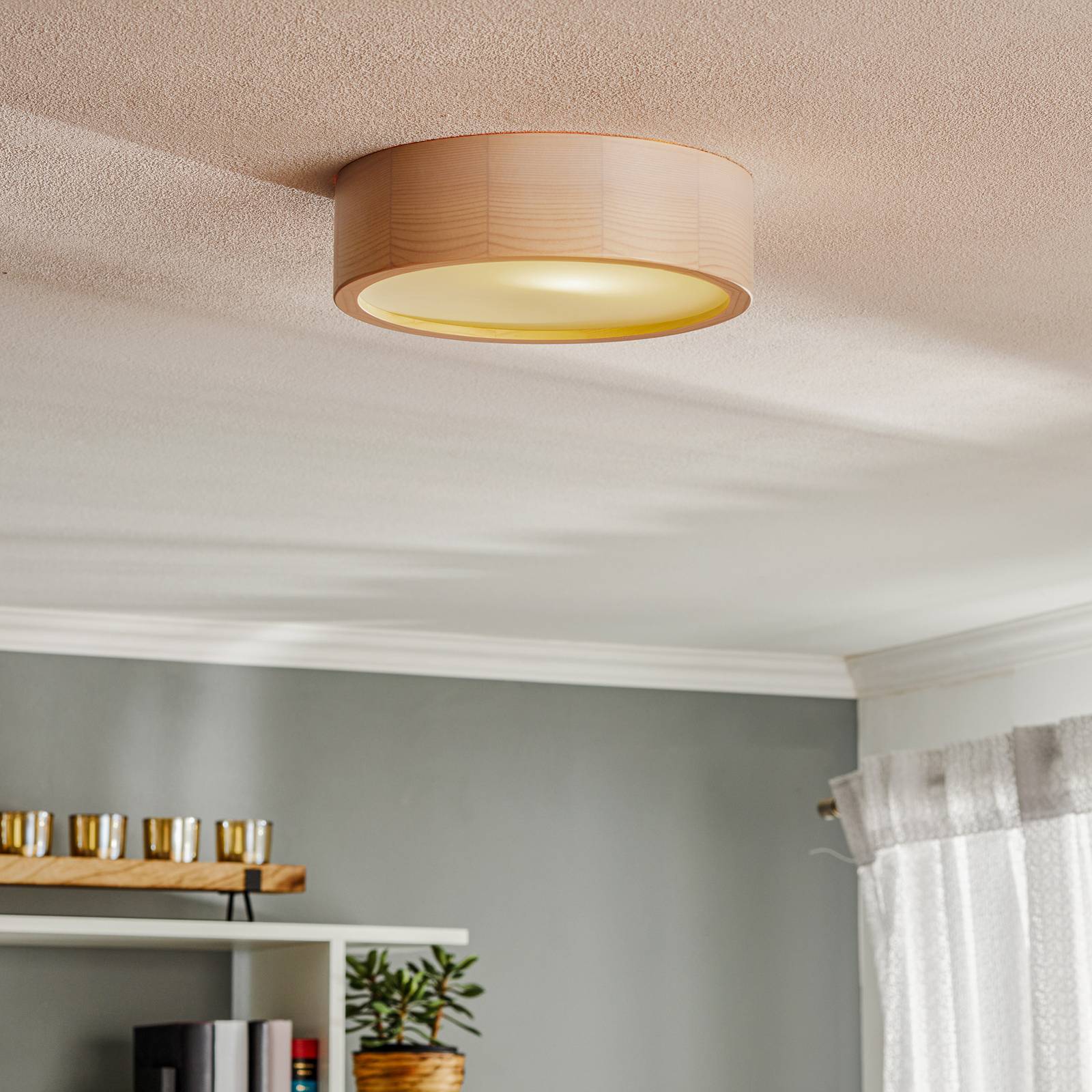 Euluna Plafondlamp - Plafond rond - Woon-/ Eetkamer - dimbaar - Modern - wit / opaal - hout, glas