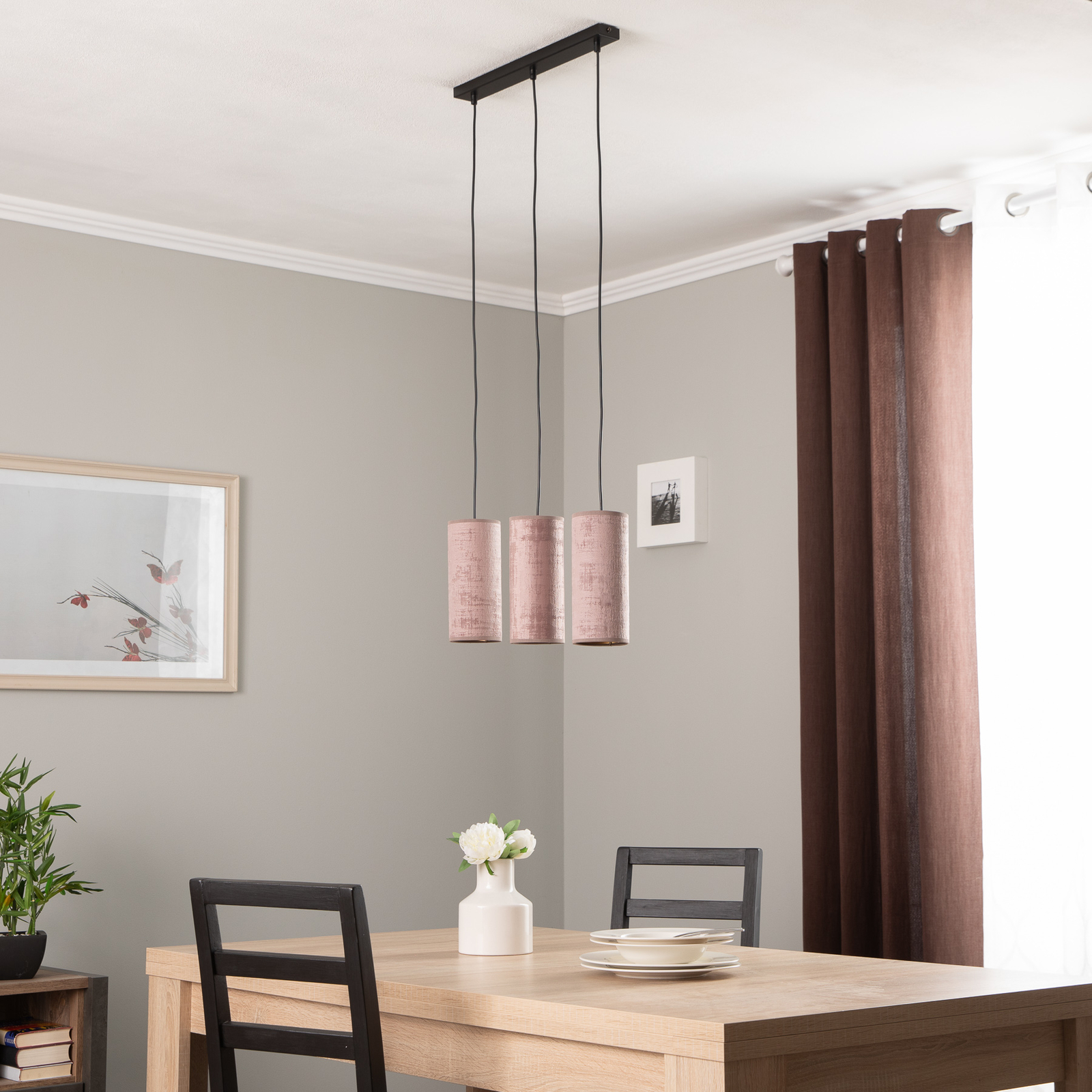 Suspension Joni tissu allongée 3 lampes rosé doré