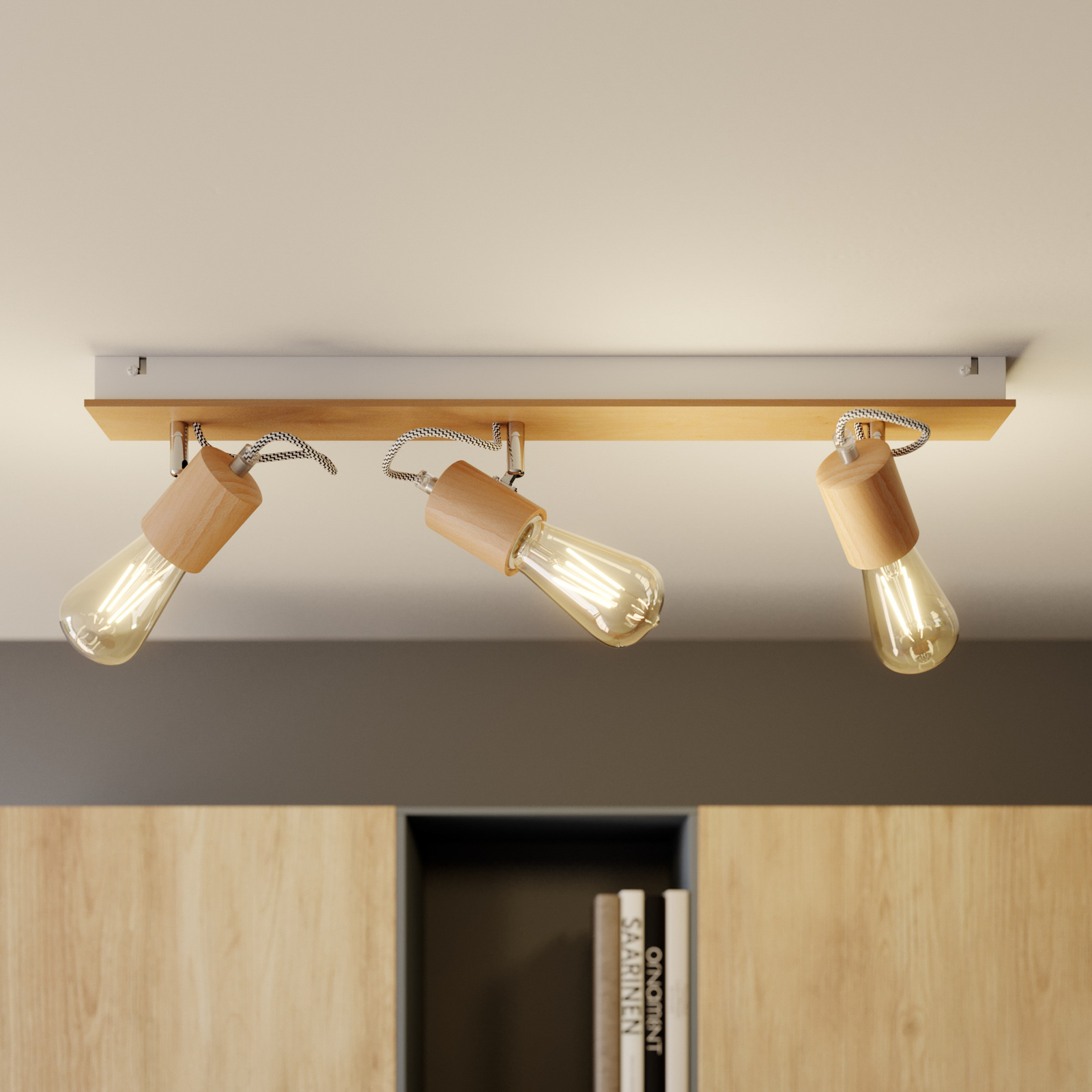 Plafonnier Loki, à trois lampes, bois clair/blanc