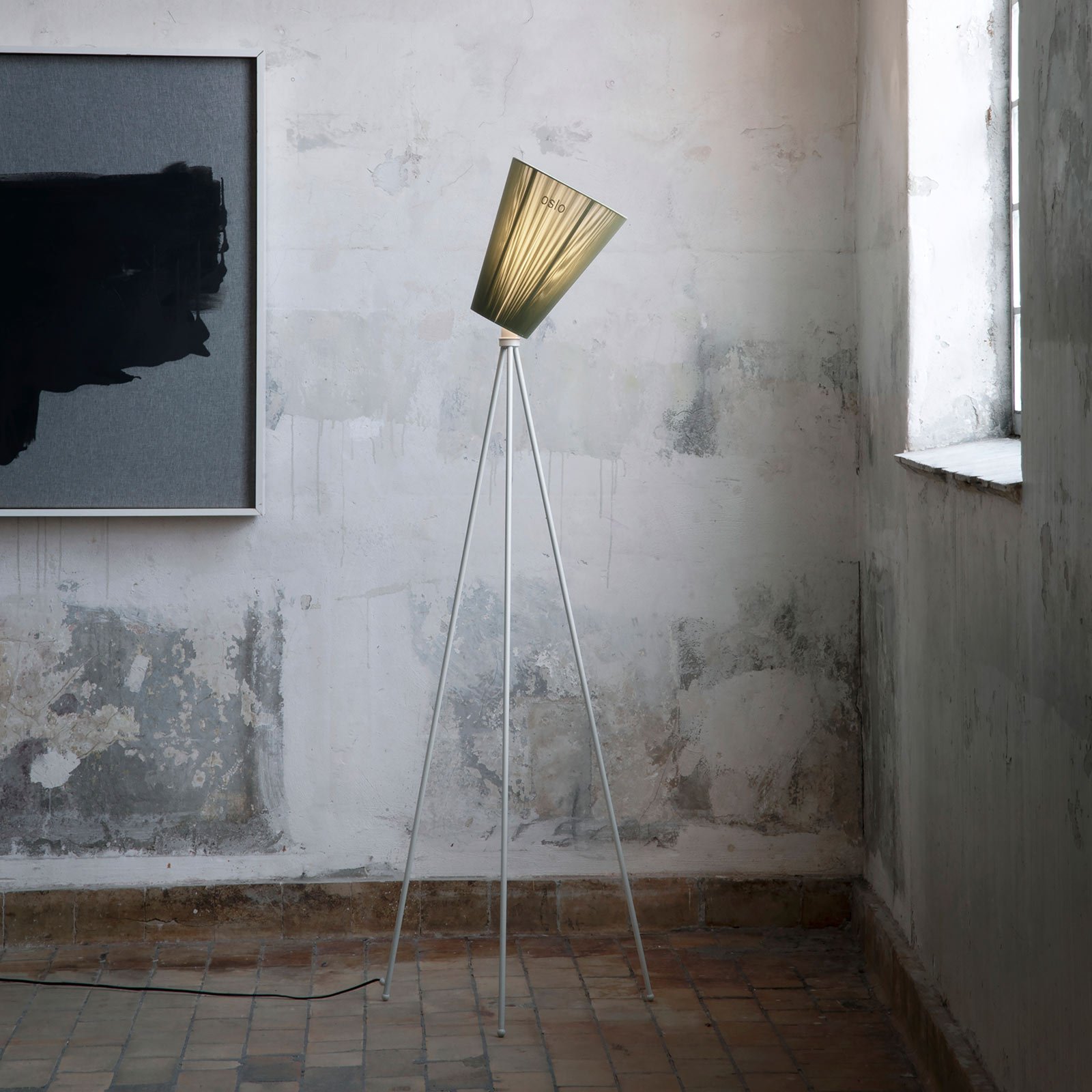 Northern Oslo Wood floor lamp grey/olive green, for Living / Dining Room, steel, fabric, E27, 100 W, energy efficiency: A++, H: 165 cm