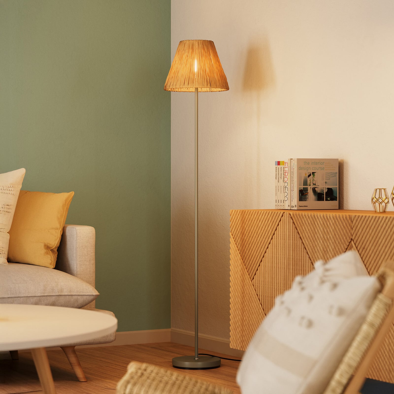 Lampadar OSRAM Decor Raffia 1 bec rafia naturală E27 - Camera de zi / sufragerie - Casă de țară / Rustic - maro deschis verde - Metal