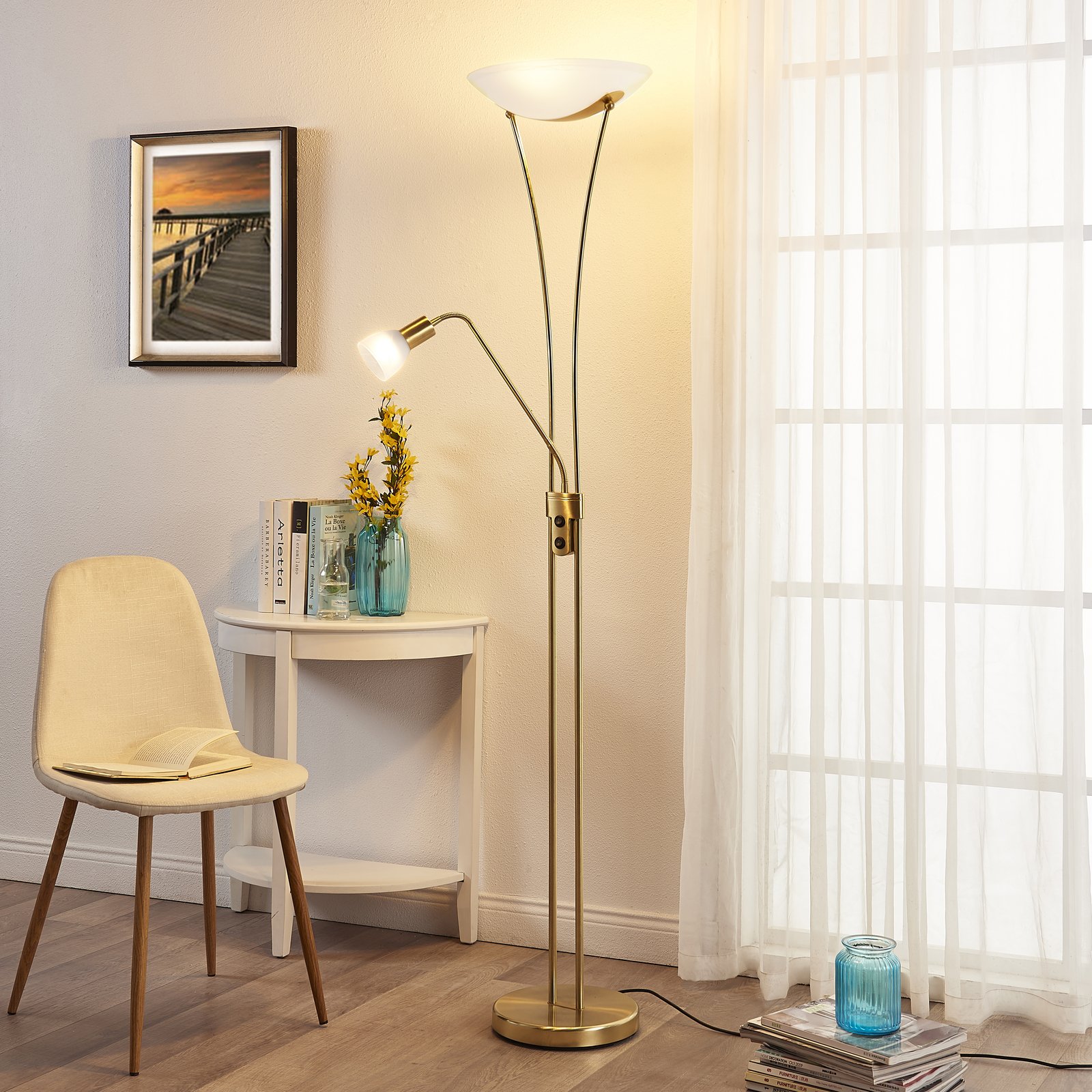Felicia Floor Lamp Brass/White - Lindby