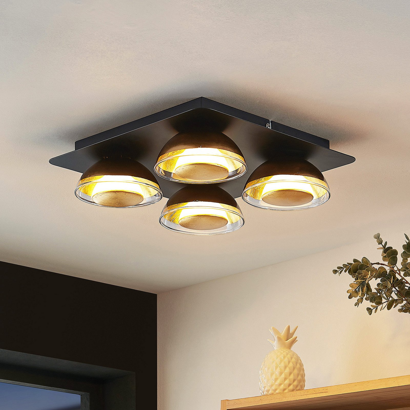 Plafonieră Lindby Erin 4 lumini 30 cm negru/auriu sticlă - Camera de zi / sufragerie - negru mat foiță de aur - Metal