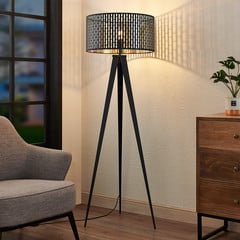 Stojacia lampa Lindby Thoralf, trojnožka, čierna, textil, Ø50cm