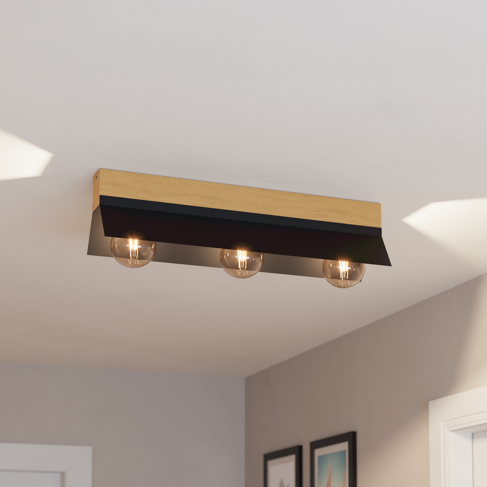 EGLO Plafonieră Tarrafo negru lemn natural 3 lumini - Camera de zi / sufragerie - modern - negru lemn deschis - Metal
