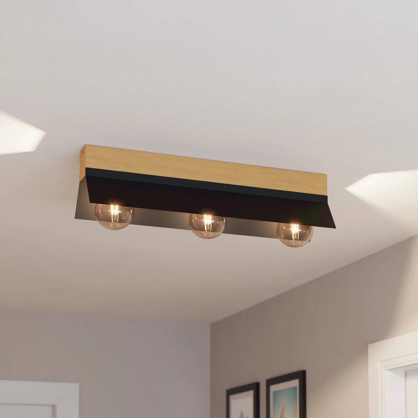 Deckenlampe Tarrafo schwarz, holz natur, 3-flammig