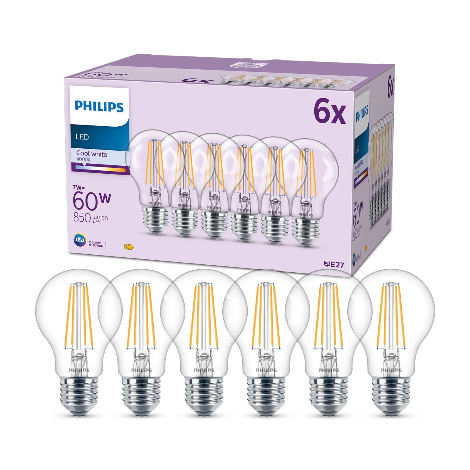 Philips LED E27 8W 850lm 4.000K trasparente 6x, vetro, E27, 7 W, classe energetica: E, lunghezza: 10.6 cm