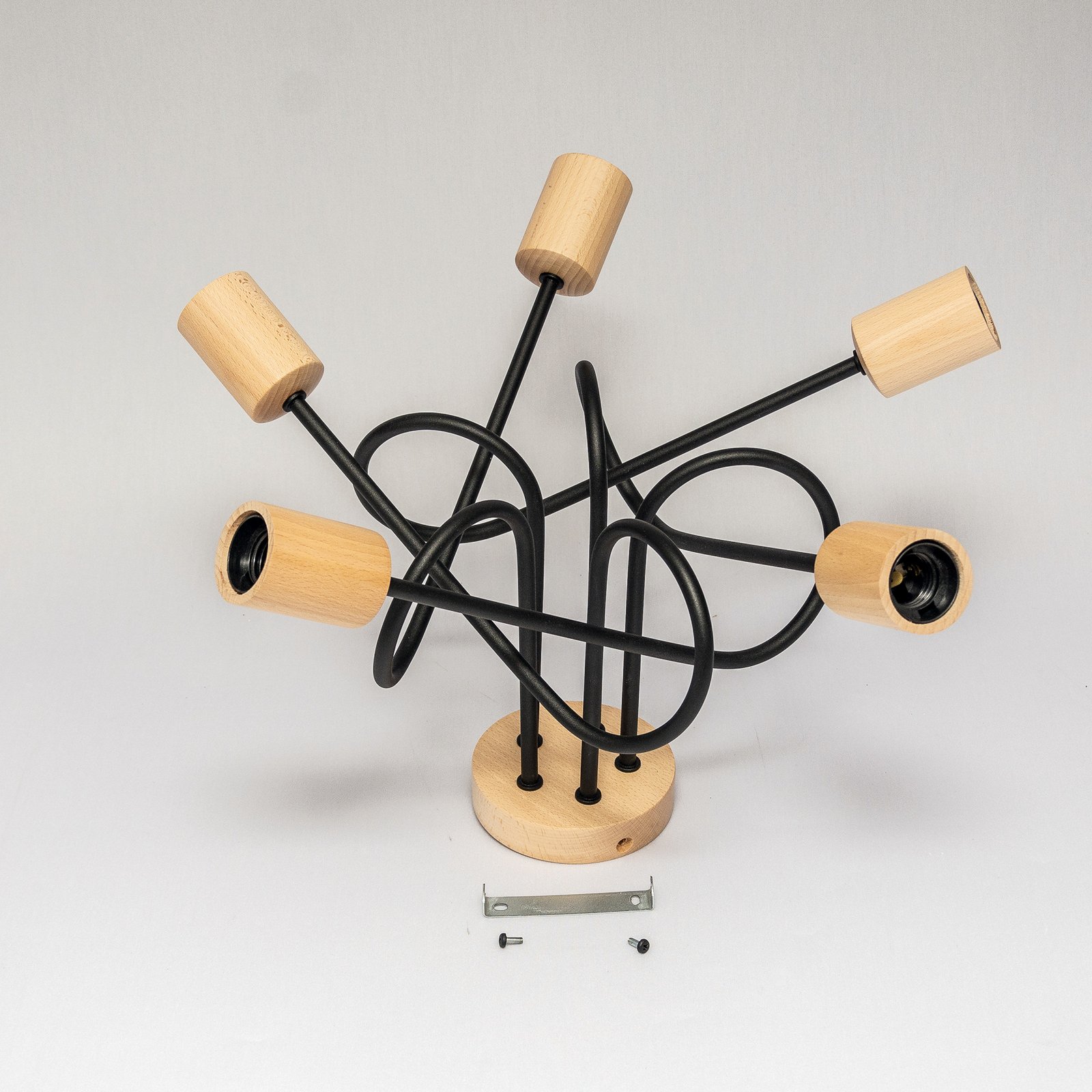 Plafonnier Oxford, noir, bois, métal, à 5 lampes, Ø 47 cm