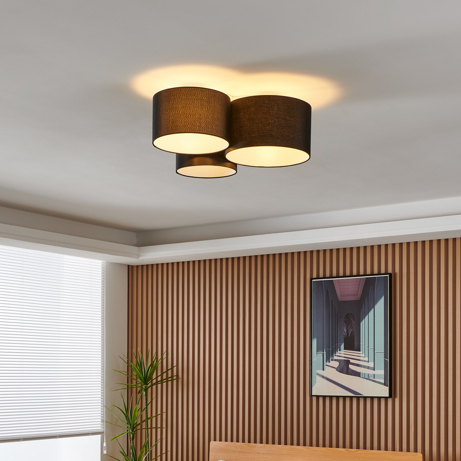 Taklampe Pastore 2, lengde 61 cm, svart, 3 lyskilder, stoff