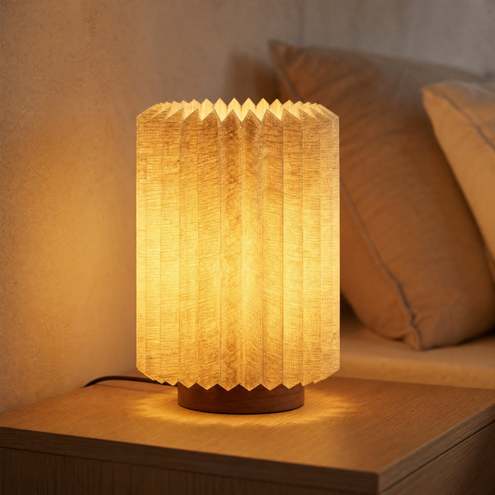 Lampe à poser, noyer/lin, plissée, hauteur 30 cm - Lindby Lampe à poser, noyer/lin, plissée, hauteur 30 cm - Lindby