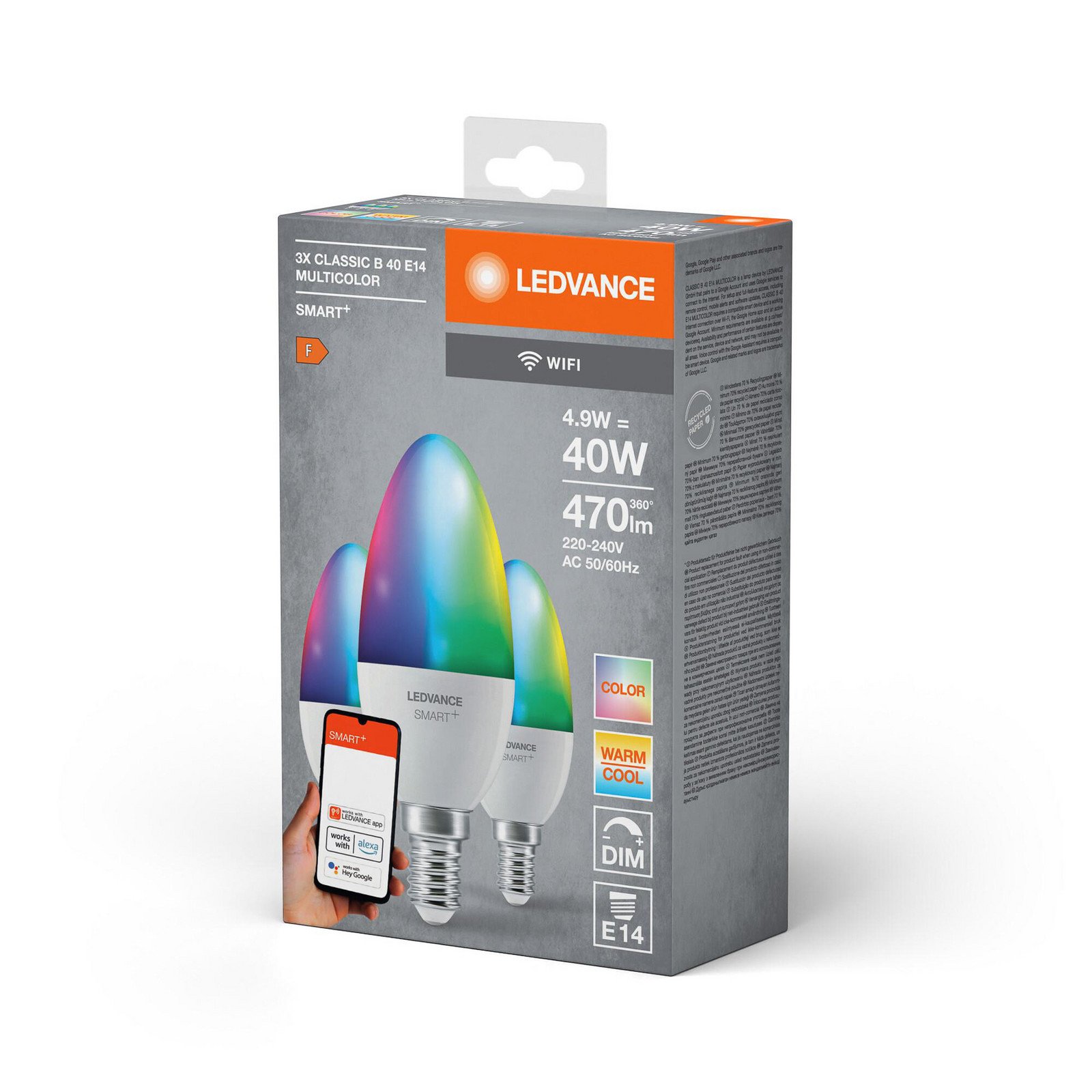 LEDVANCE SMART+ LED lumânare E14 49 W CCT RGB WiFi 3 unități - alb mat - Plastic