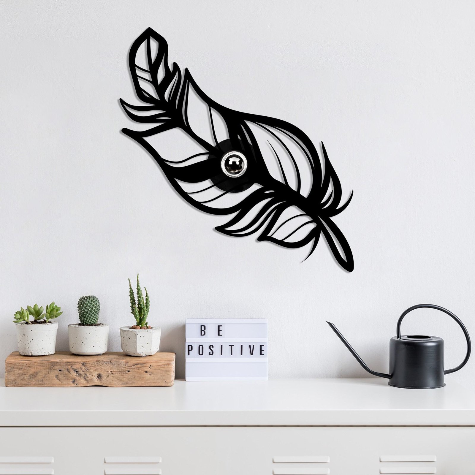 Wall light W-030, black, feather design, MDF wood, laser cut