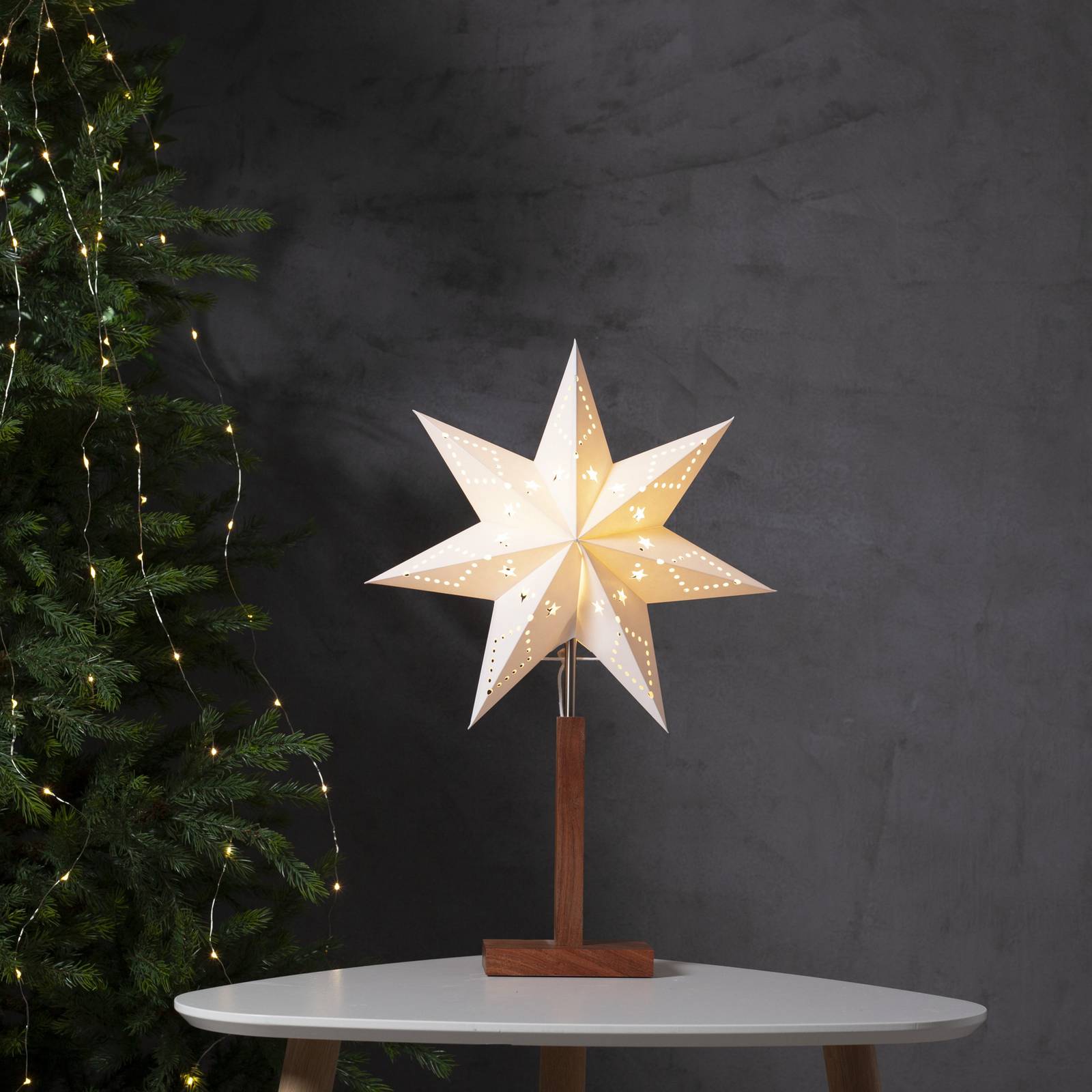 Tischleuchte Karo, weiß, 55 cm, Papier, Akazienholz, Stern günstig online kaufen