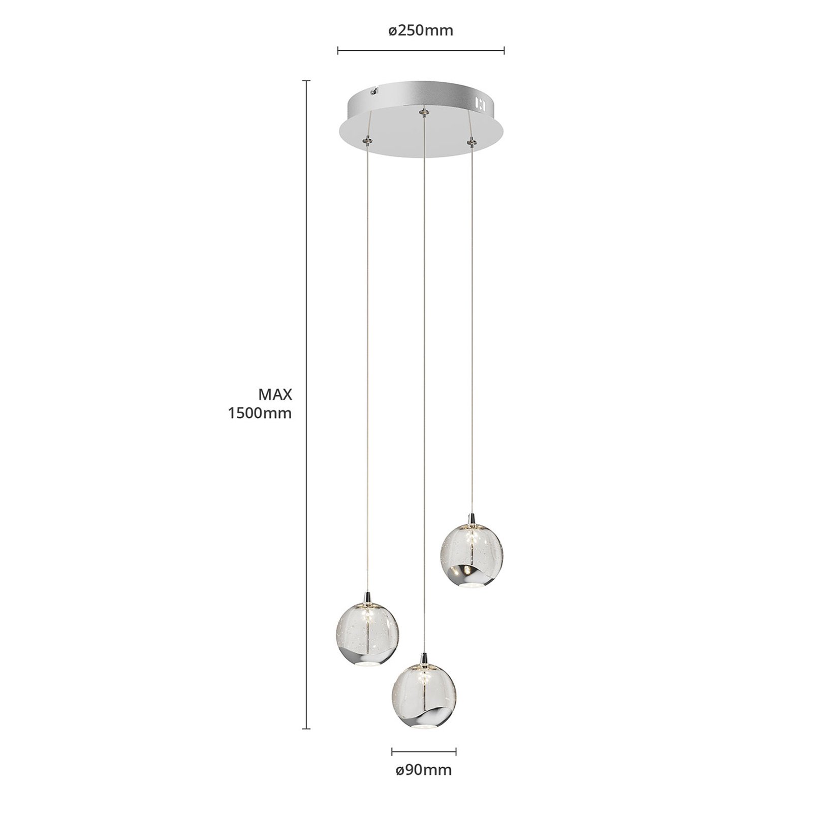 Lucande Suspension LED Hayley, Ø 25 cm, 3 lampes, chrome, verre