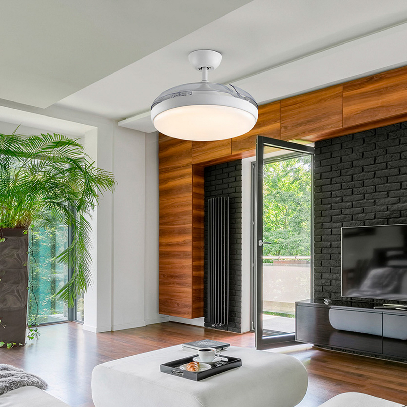 LED stropni ventilator Venturi bel/prozoren DC, Ø 106 cm tih