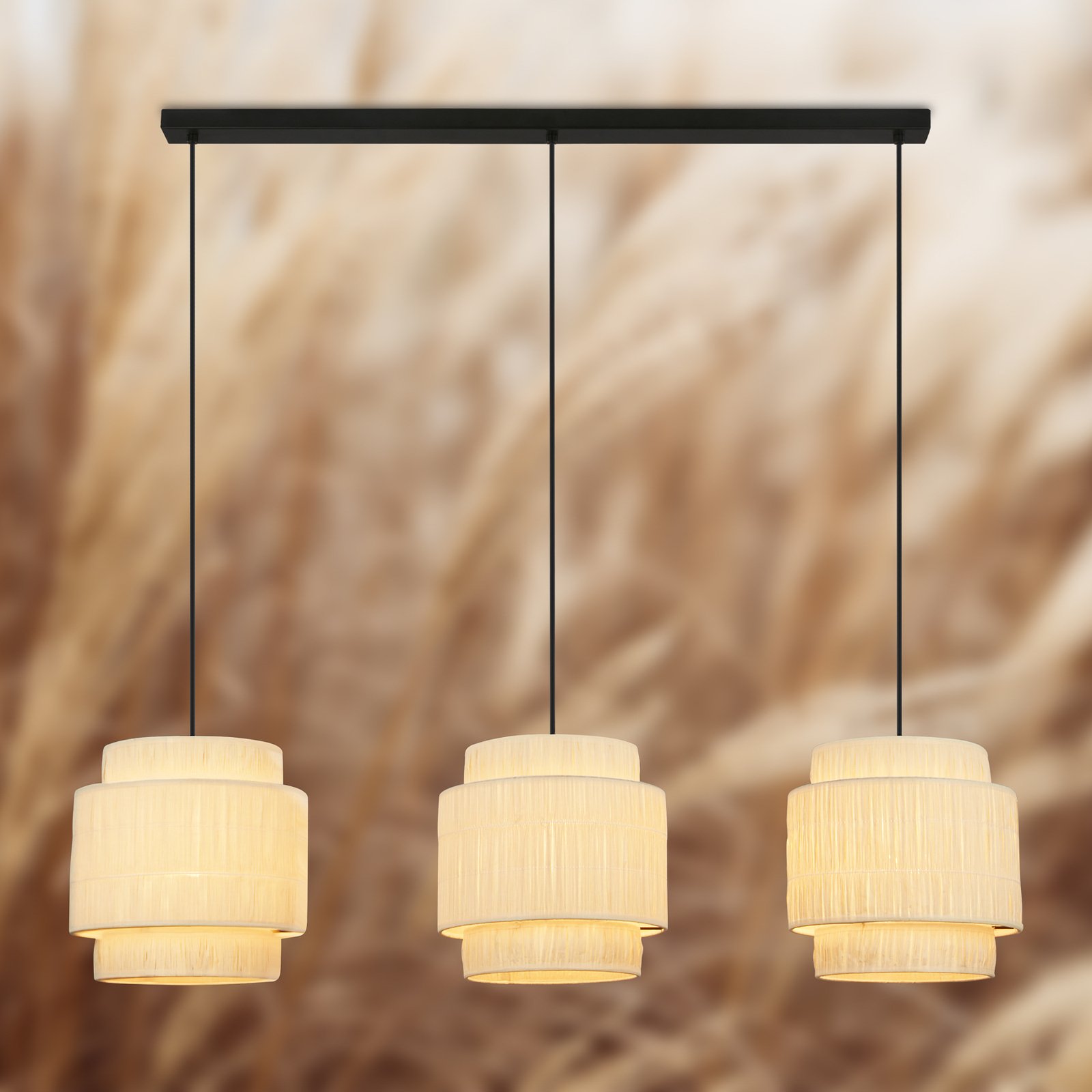 Papper hanglamp, 3-lamps, natuurlijke kleur, raffia, E27