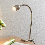 Lindby Djamila LED klemlamp, nikkel gesatineerd