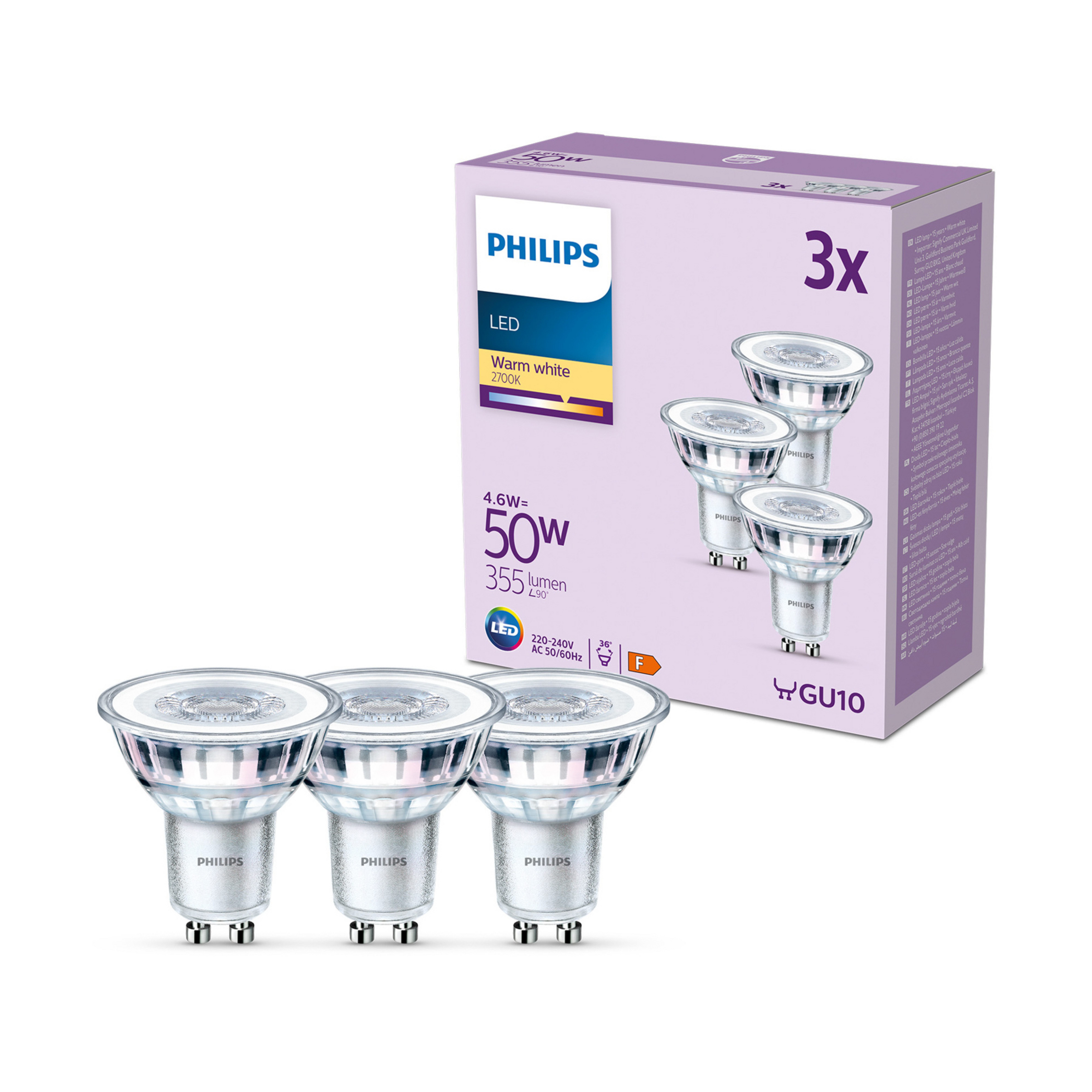 Philips LED-pære GU10 4,6W 355lm 827 klar 36° 3 stk