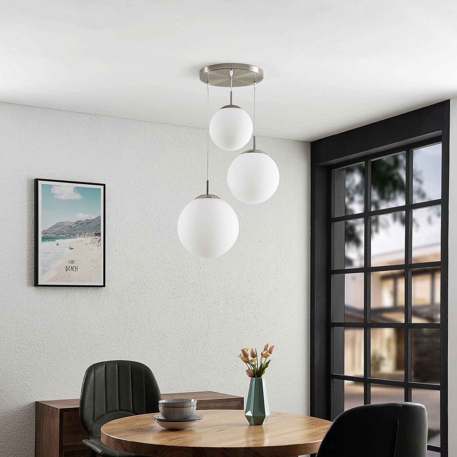Heleska 3 Round Hanglamp Opal/Nickel - Lindby