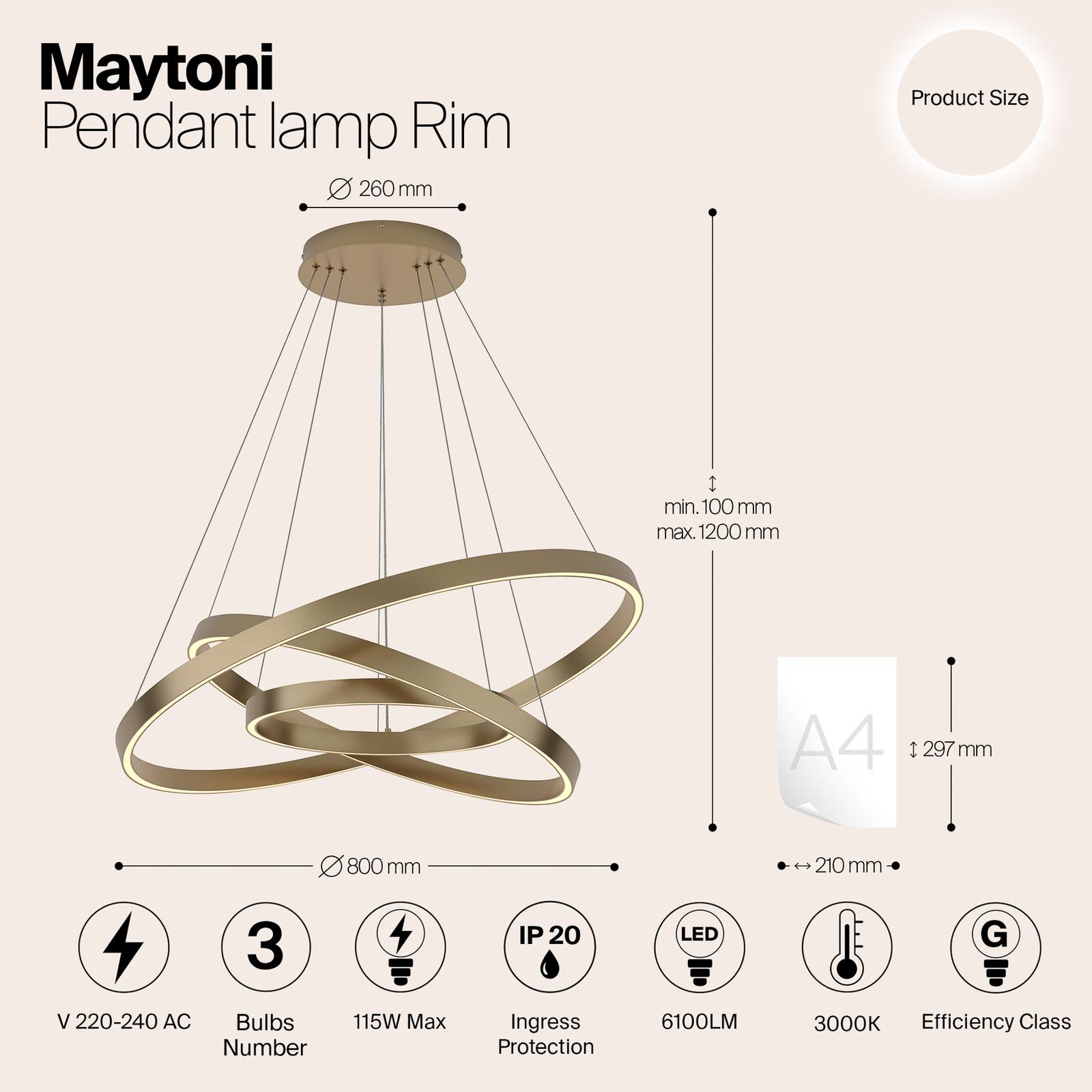 Lampa wisząca LED Maytoni Rim, 3-punktowa, kolor mosiądz, 3000K