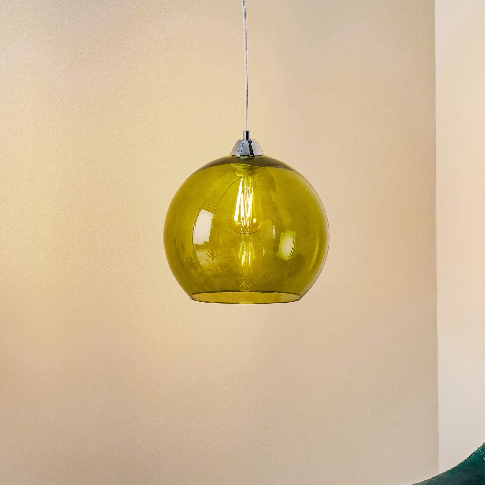 Цветна висяща лампа, абажур от зелено стъкло
