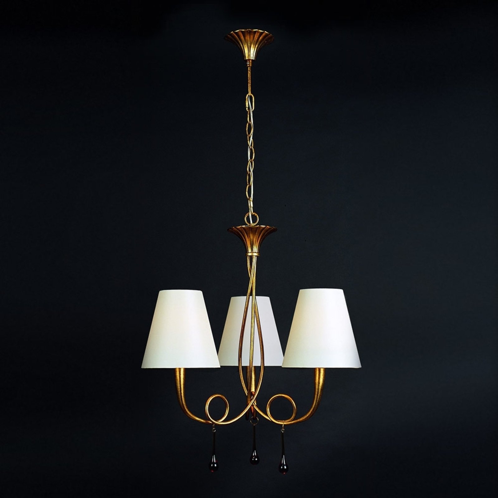 Paola 3 fl auksinis pakabinamas šviestuvas su tekstiliniais atspalviais
