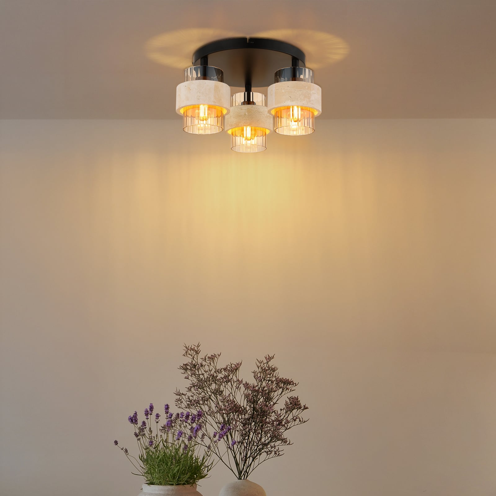 Plafondlamp Daren, 3-lamps, beige/amber/zwart, Ø 38 cm, E27 Plafondlamp Daren, 3-lamps, beige/amber/zwart, Ø 38 cm, E27