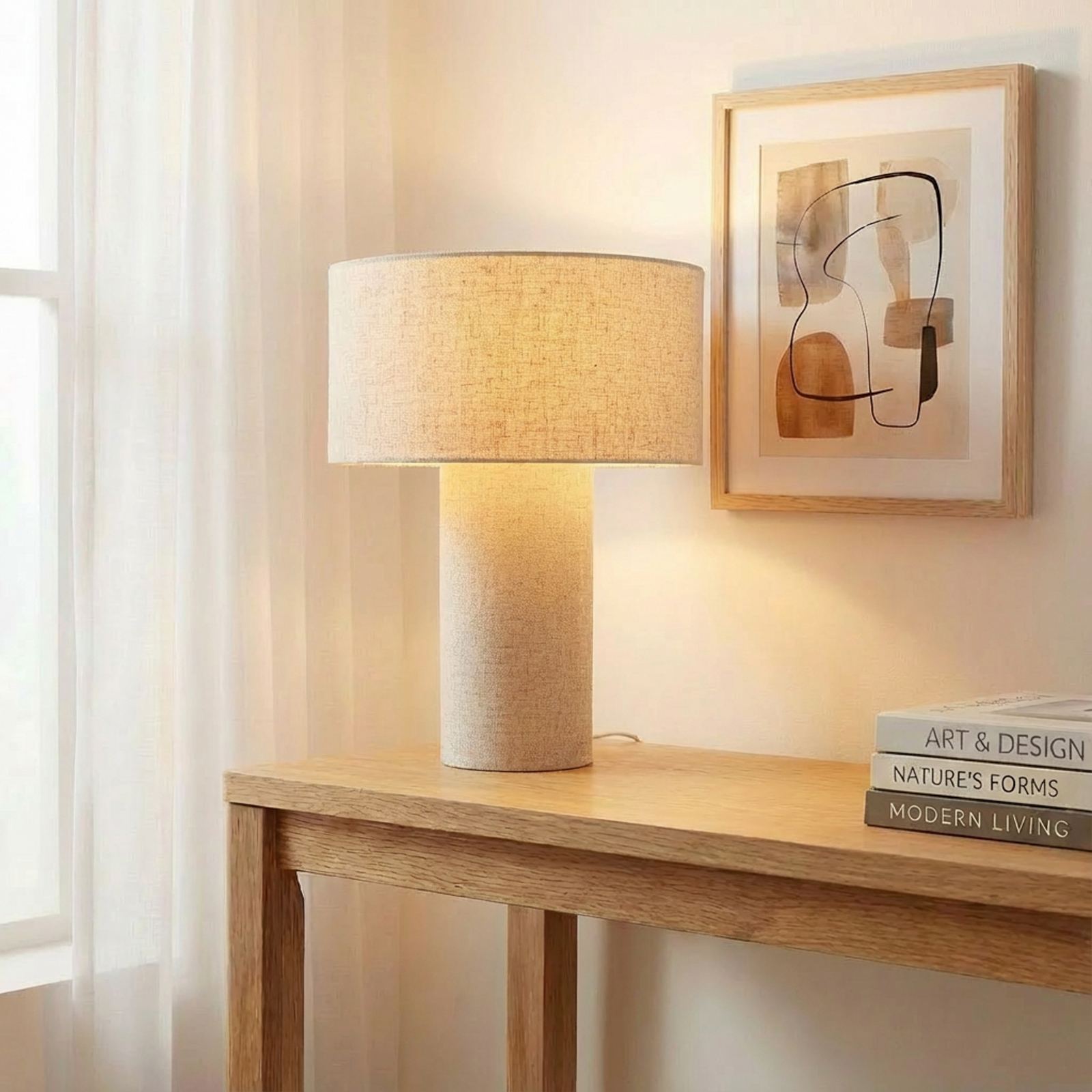 lámpara de mesa Lindby Elfie, Ø 35 cm, beige, lino, E27