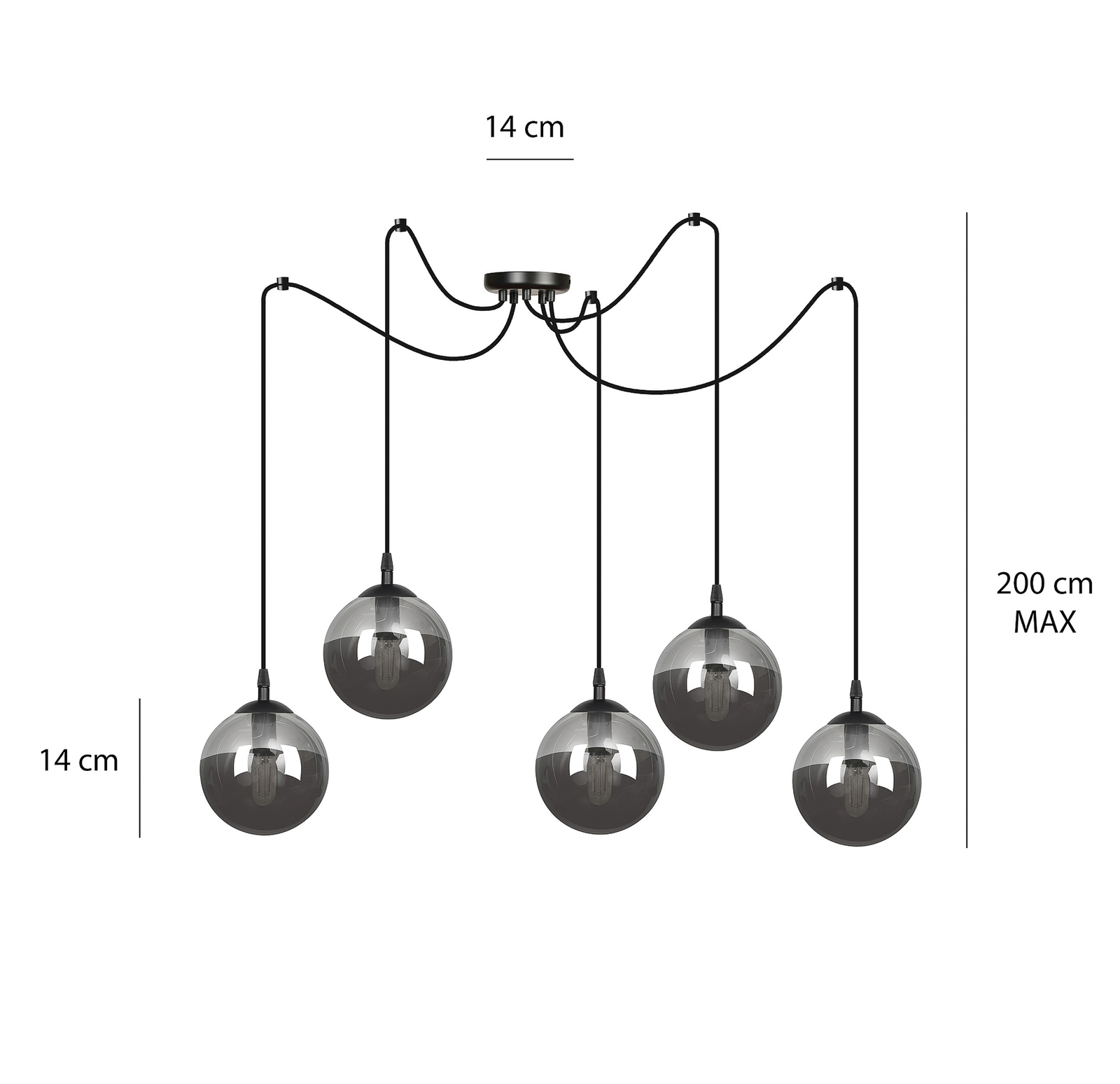 Glassy pendant light, 5-bulb, decentralised, black, graphite