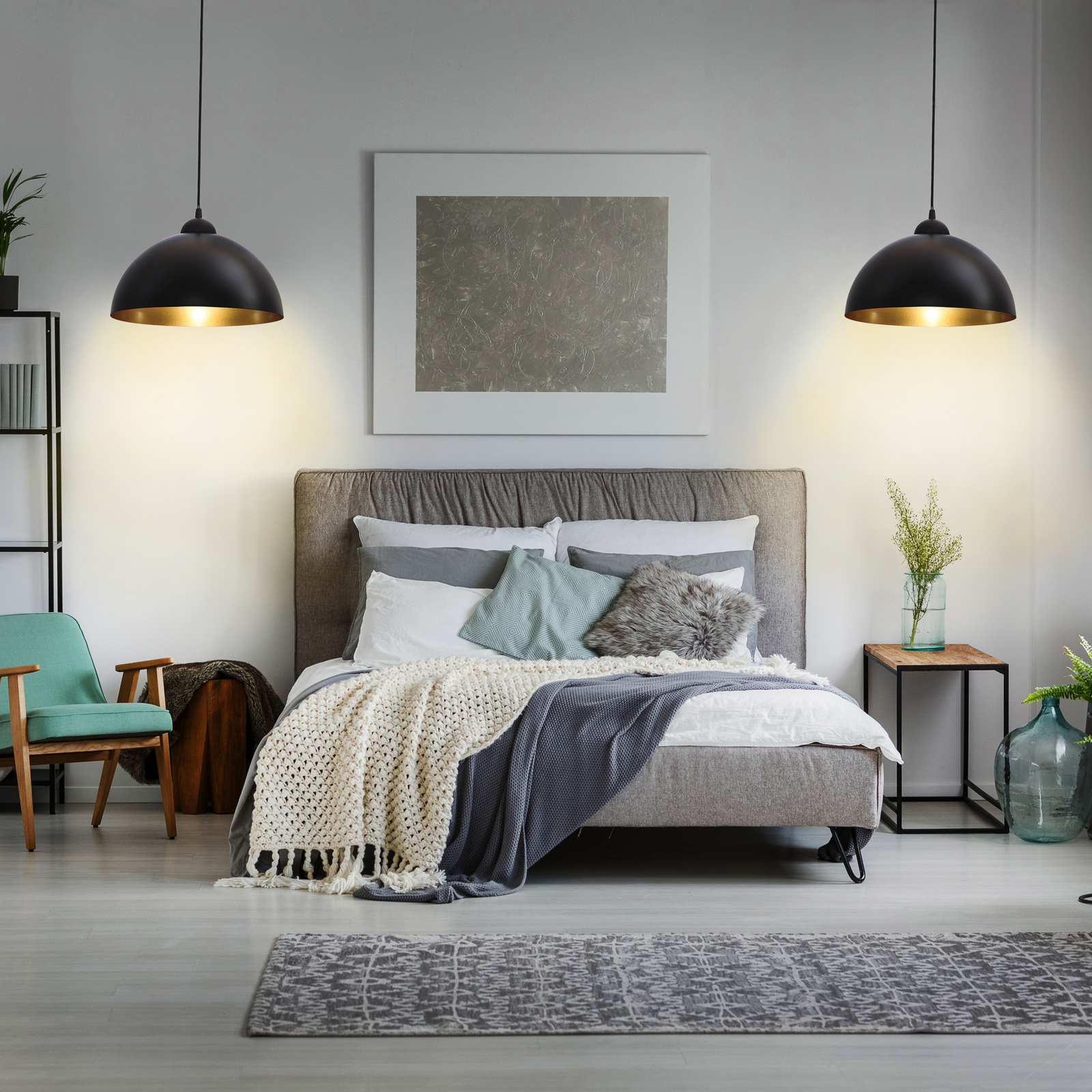 Hängelampe Goldi 2er-Set, schwarz/gold, Ø 30 cm, Metall, E27 Hängelampe Goldi 2er-Set, schwarz/gold, Ø 30 cm, Metall, E27