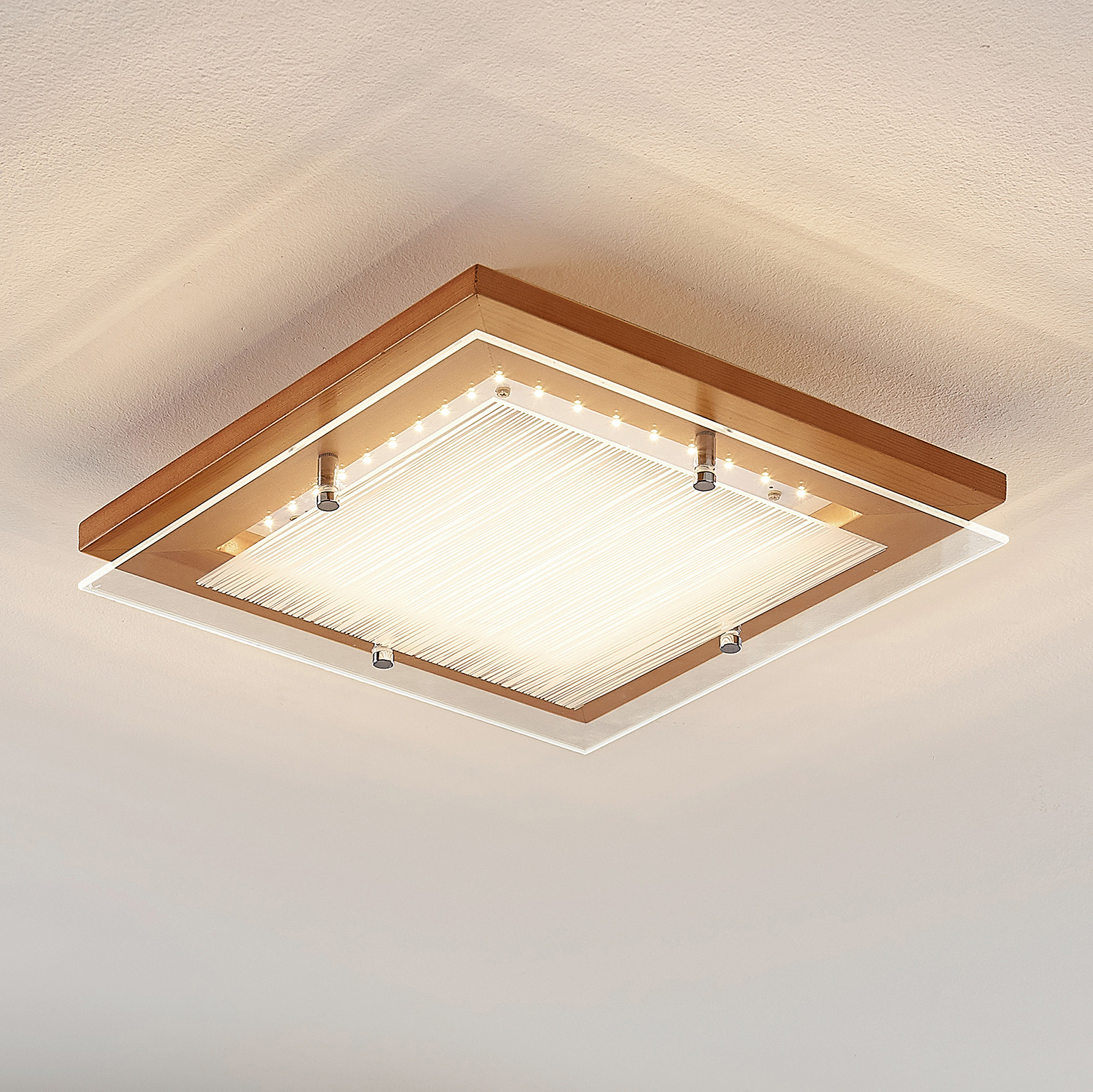 Lindby Cattleya wooden LED ceiling light, 32 cm, for Living / Dining Room, wood, glass, metal, 14.4 W, energy efficiency: A+, L: 32 cm, W: 32 cm, H: 7.2 cm