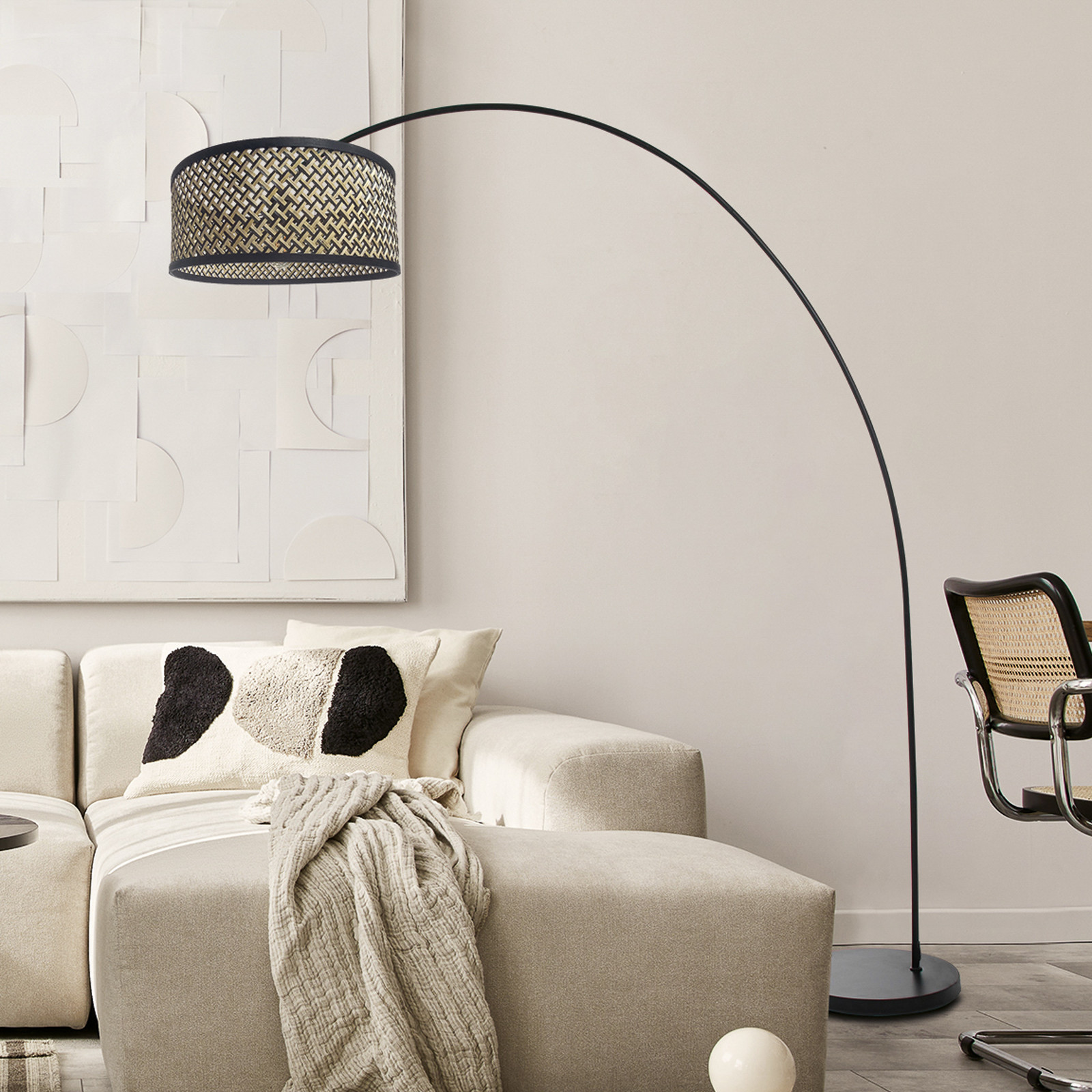 Mexlite Lampa cu arc Solva negru abajur împletit negru/lemn - Camera de zi / sufragerie - negru lemn deschis la culoare - Metal