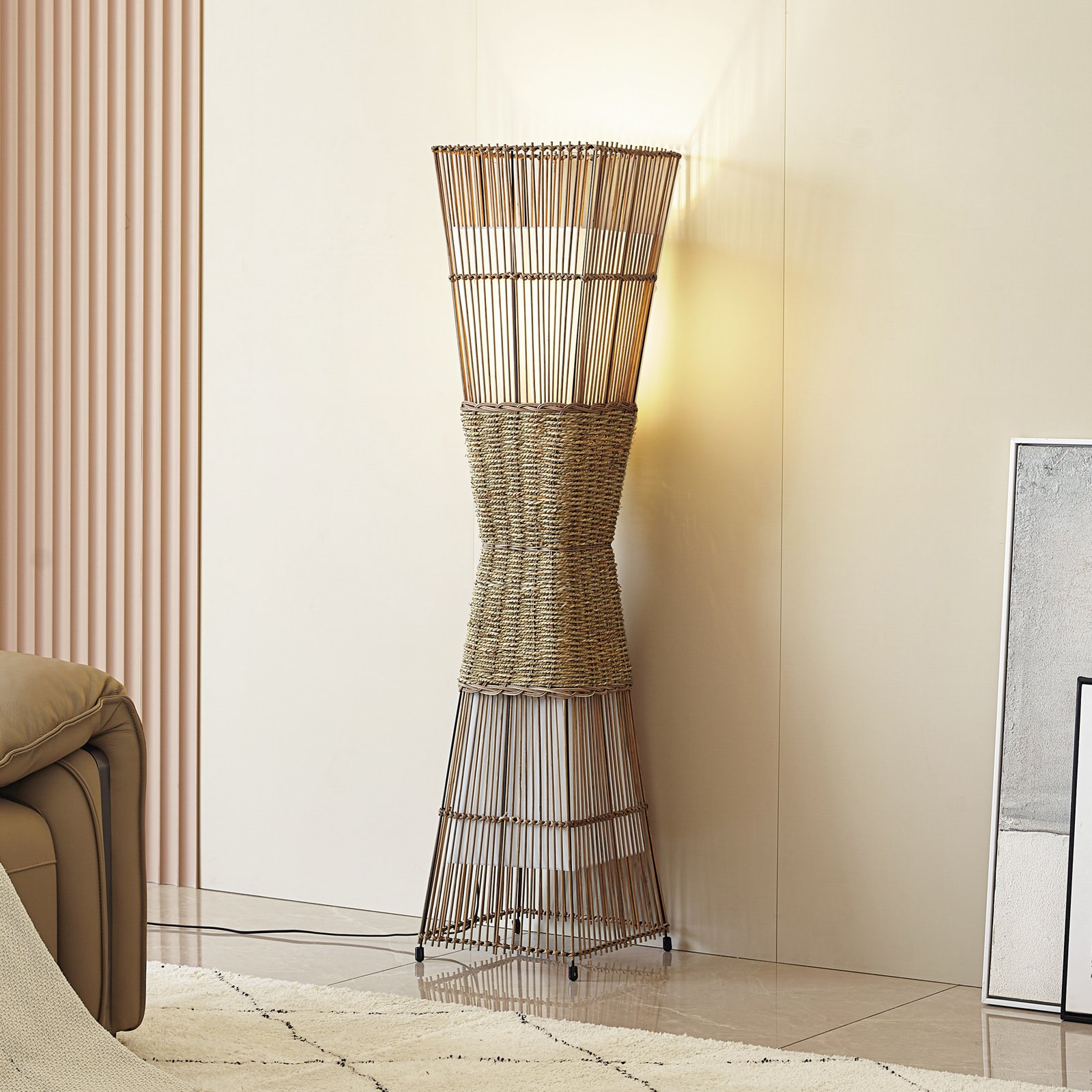 Lindby Jacinto floor lamp, bamboo, hemp, height 130 cm