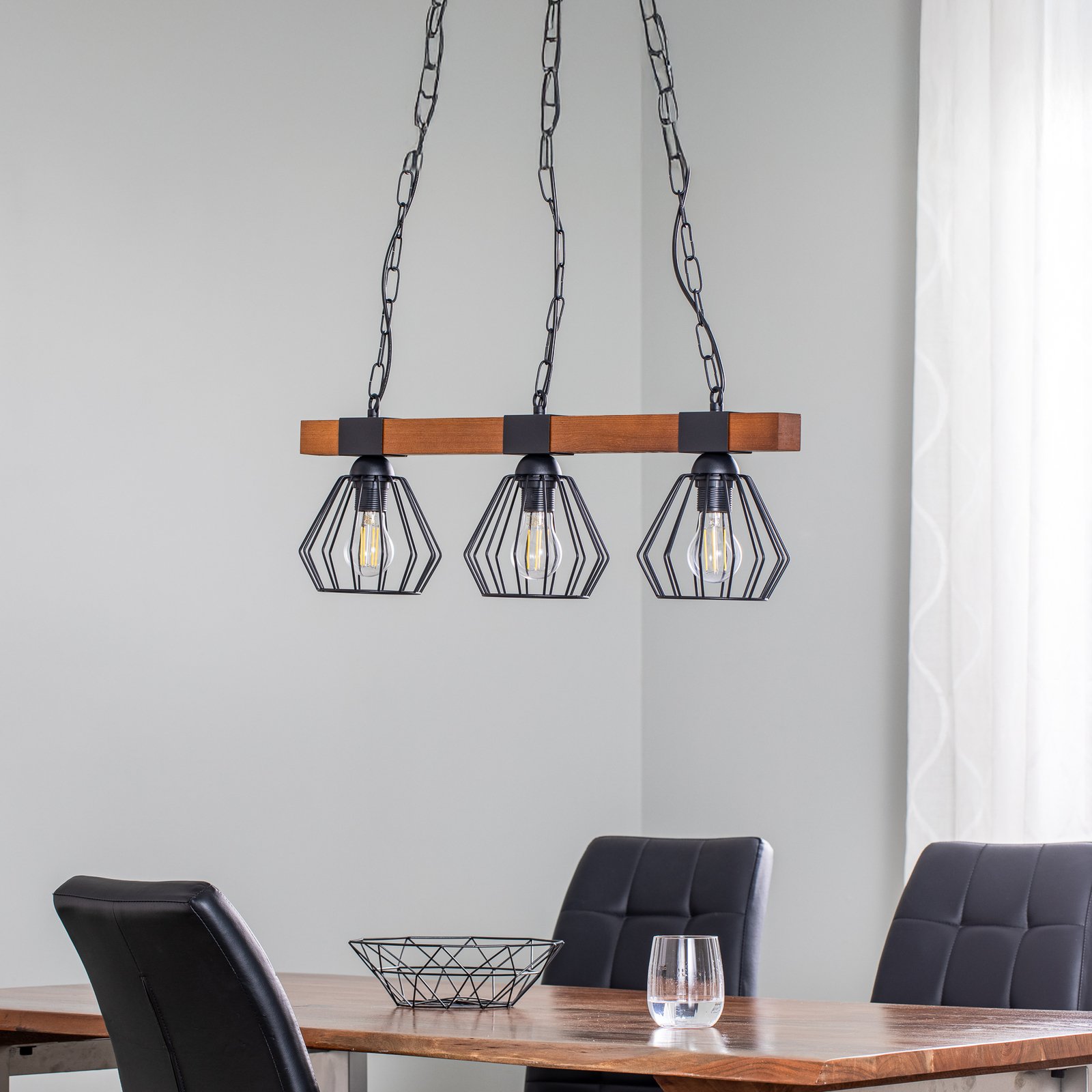 Ulf pendant light, wooden beam, three-bulb