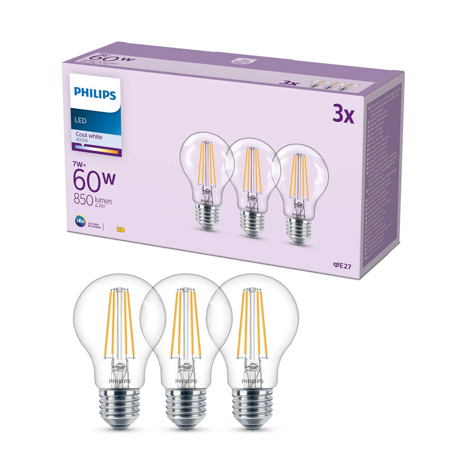 Philips LED E27 8W 850lm 4.000K trasparente 3x, vetro, E27, 7 W, classe energetica: E, lunghezza: 10.6 cm