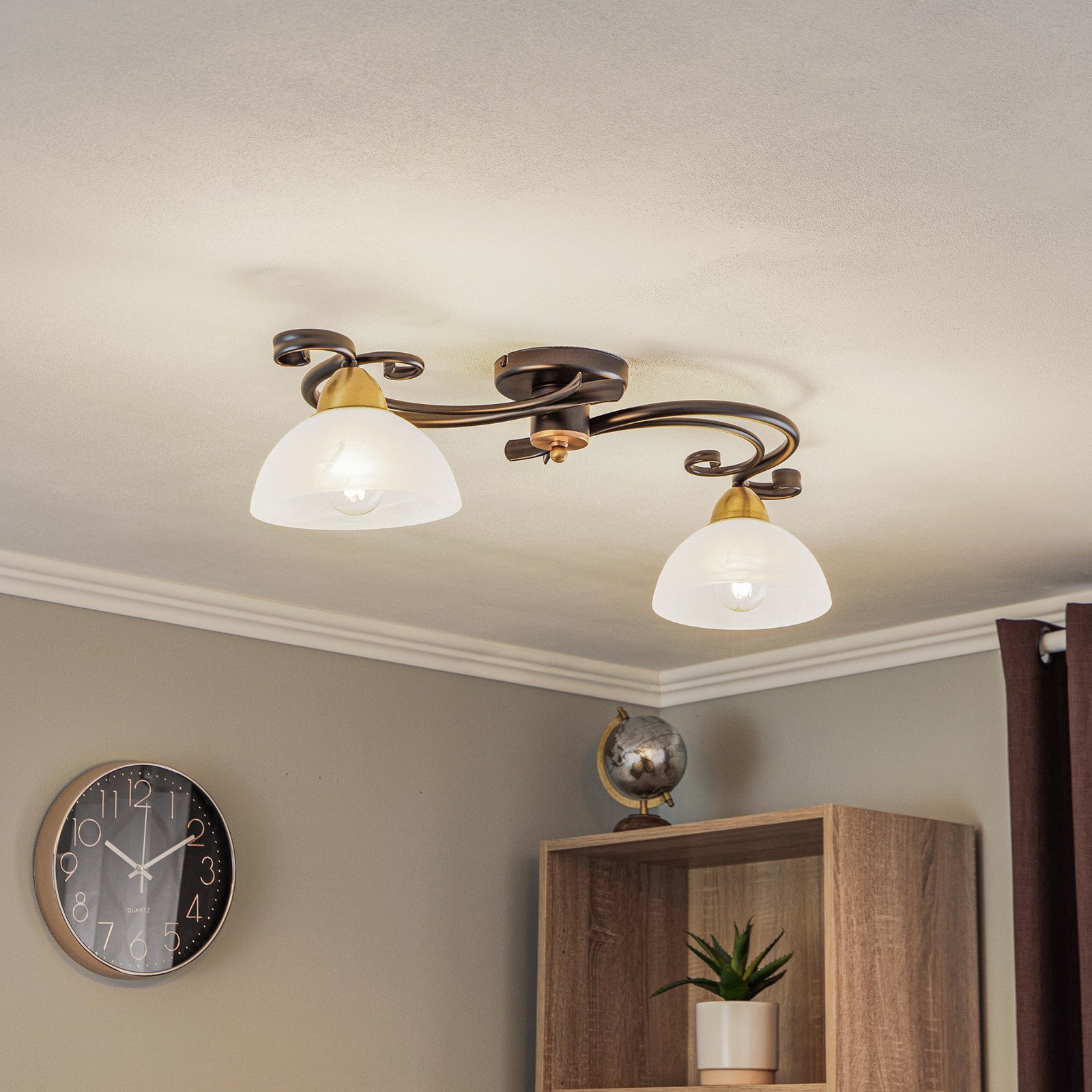Luminex Plafonieră Flora 2 abajururi din sticlă negru/alamă - Camera de zi / sufragerie - Casă de țară / Rustic - satinat negru alamă