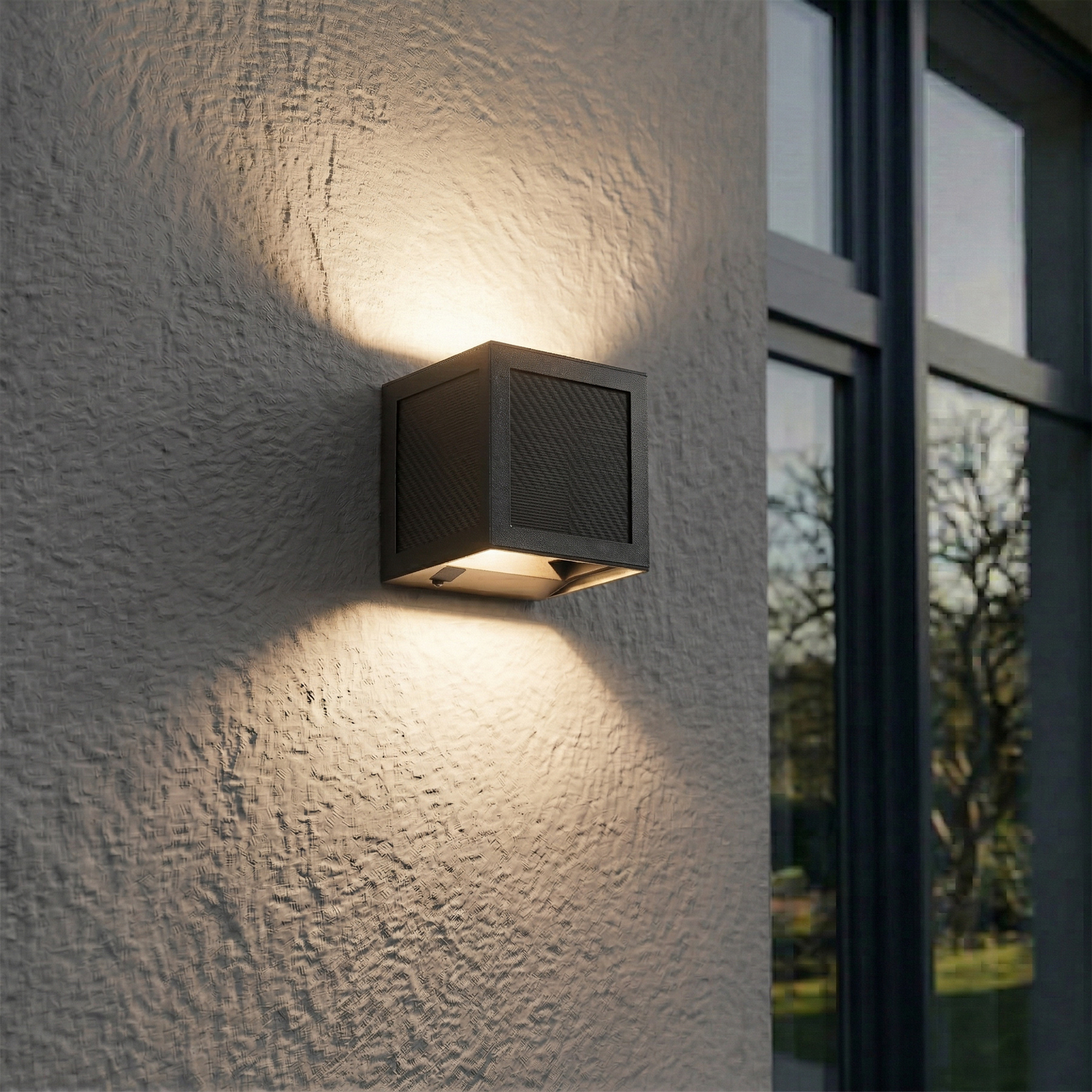 PRIOS LED-sončna stenska svetilka Avvin, črna, kockasta, s senzorjem