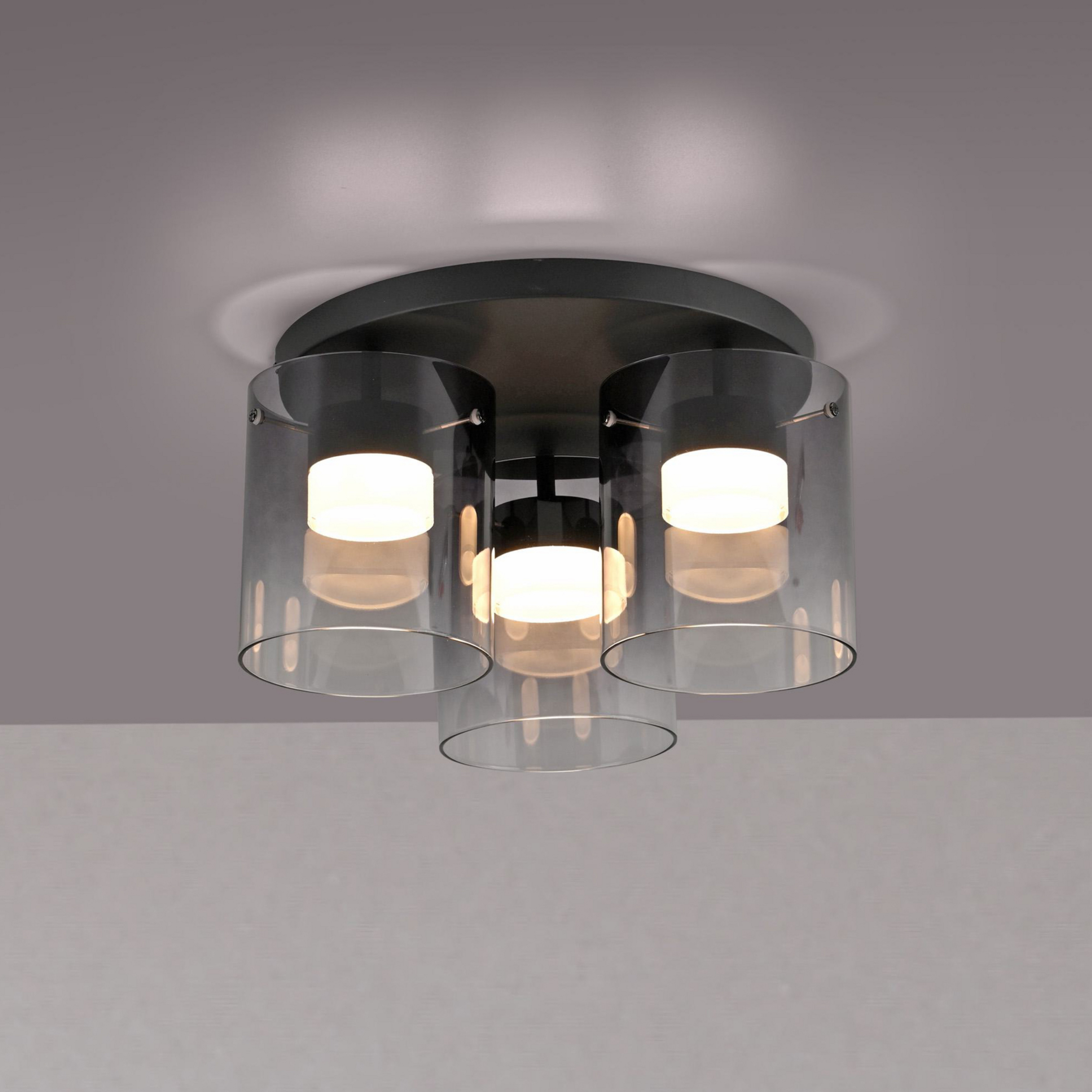 JUST LIGHT. LED-Deckenlampe Elio Rauchglas, 3-fl., schwarz
