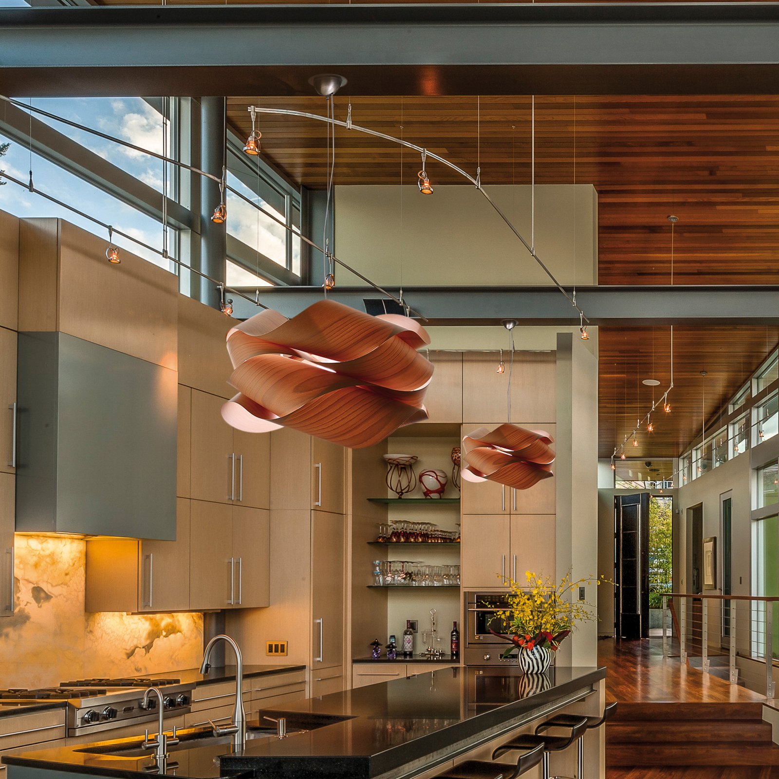 LZF hengelampe Link, kirsebærtre-/nikkel, Ø 69 cm, tre