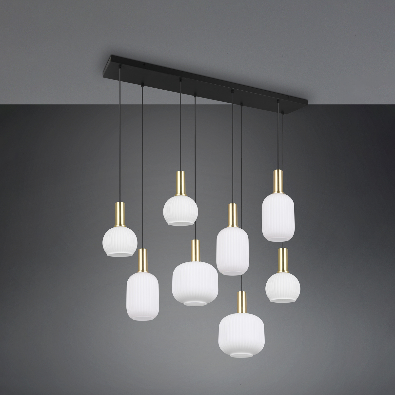 Suspension Diva, à 8 lampes, laiton, opale, métal, verre