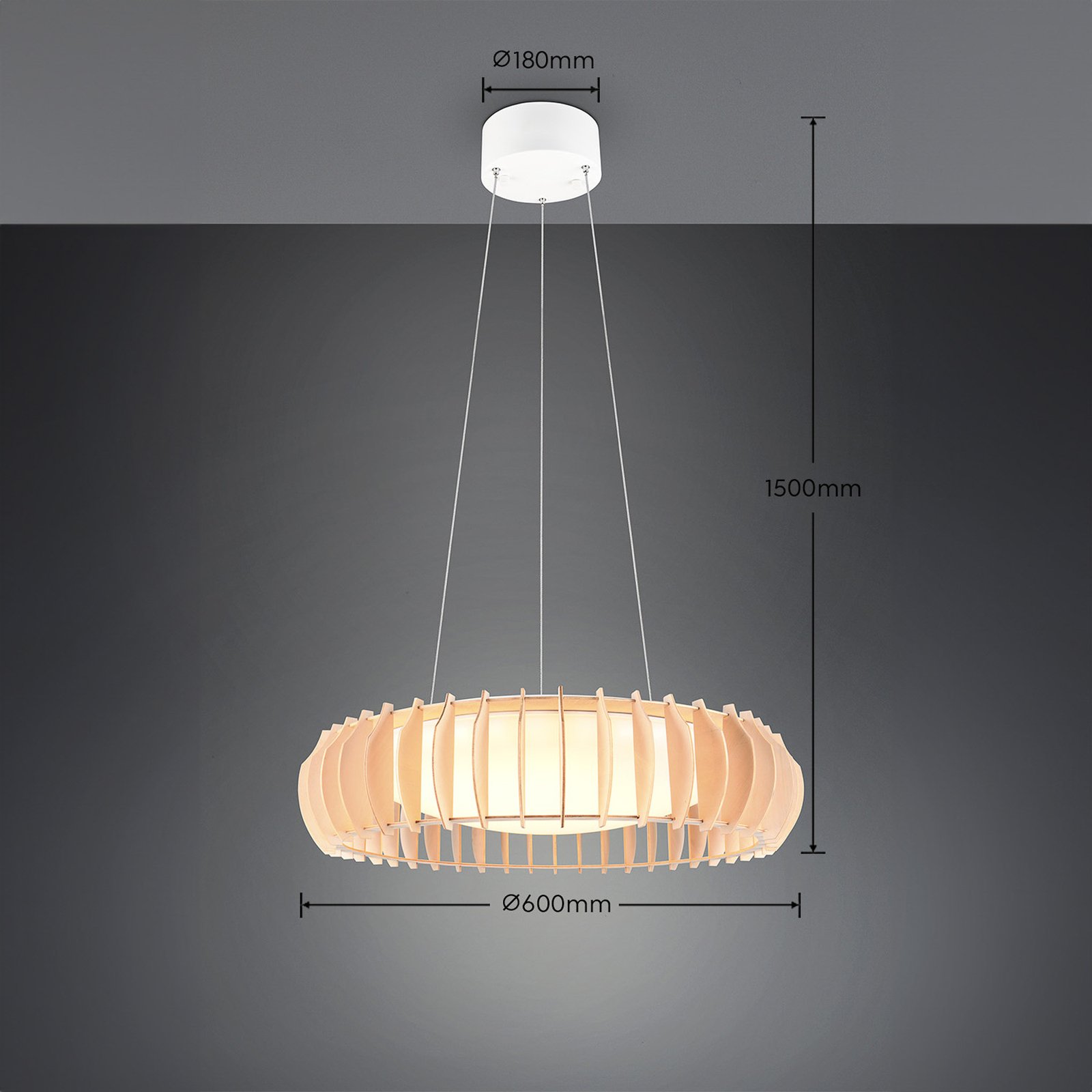 Suspension LED Monte, Ø 60 cm, bois clair, bois, CCT