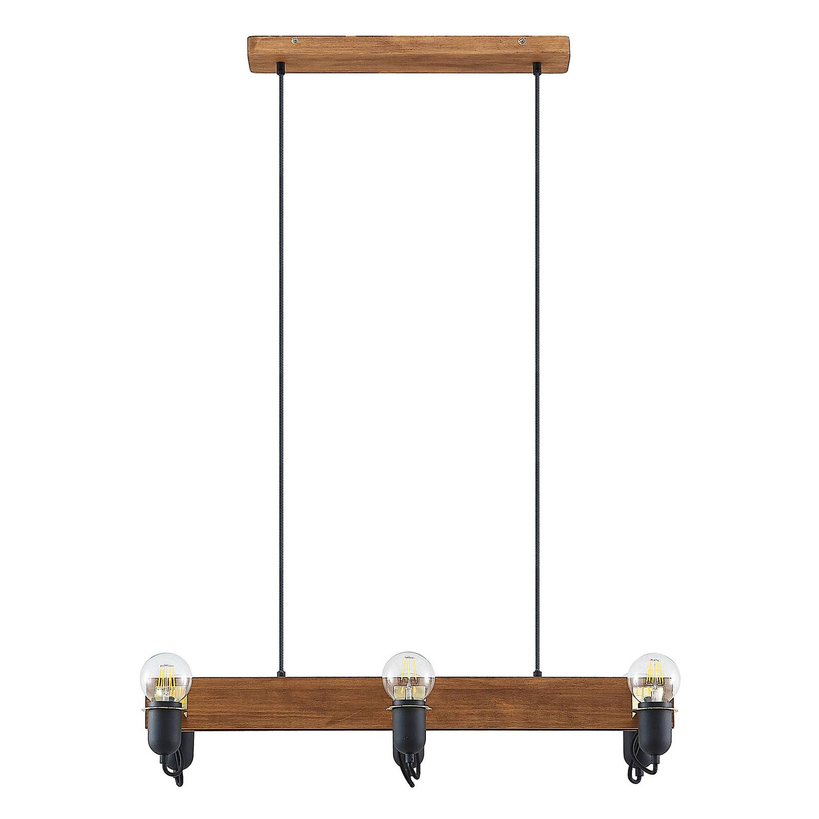 Lucande Becky hanging light six-bulb, black, for Living / Dining Room, pine wood, iron, E27, 60 W, L: 82 cm, W: 31 cm