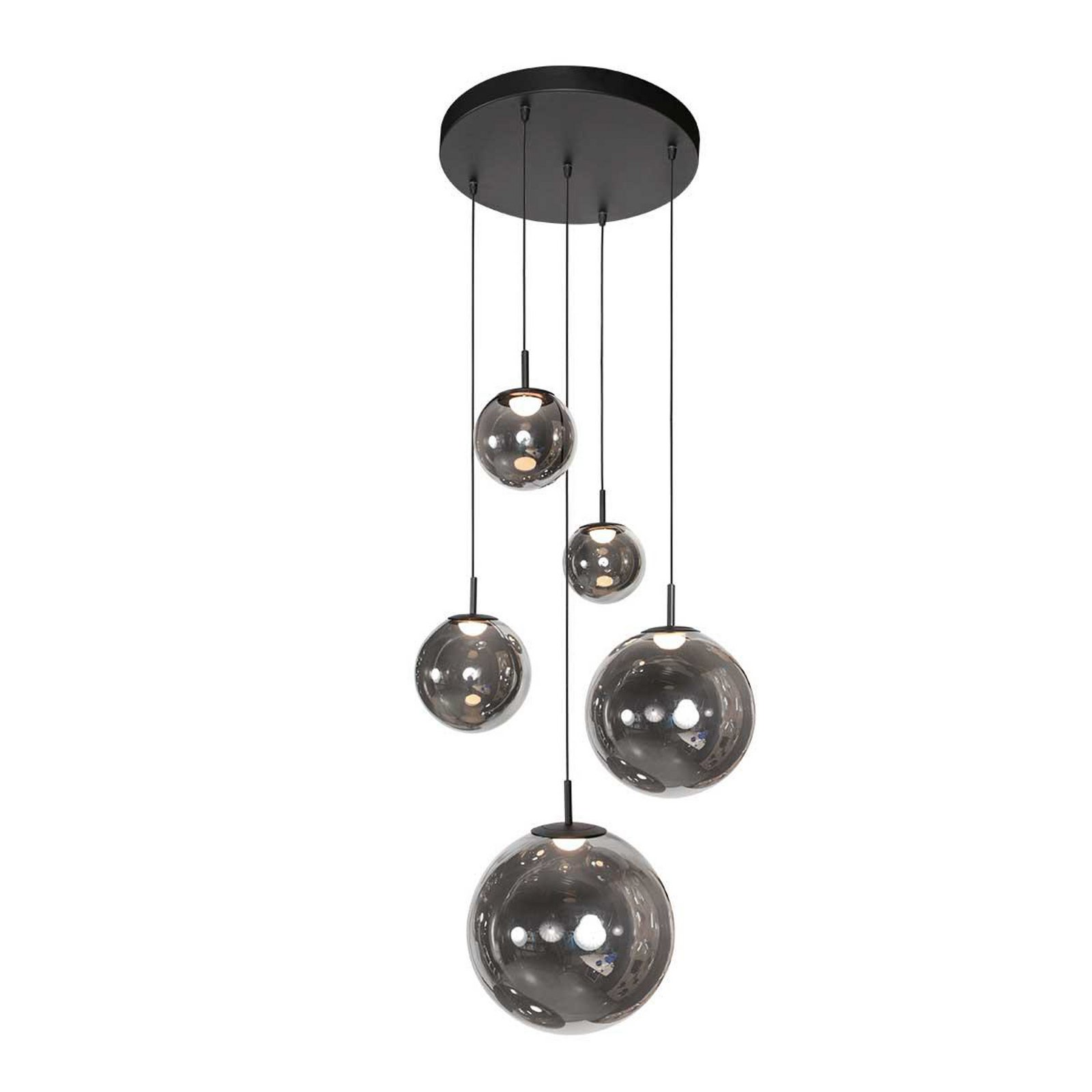 LED pendant light Bollique, 5-bulb. Round, black, glass