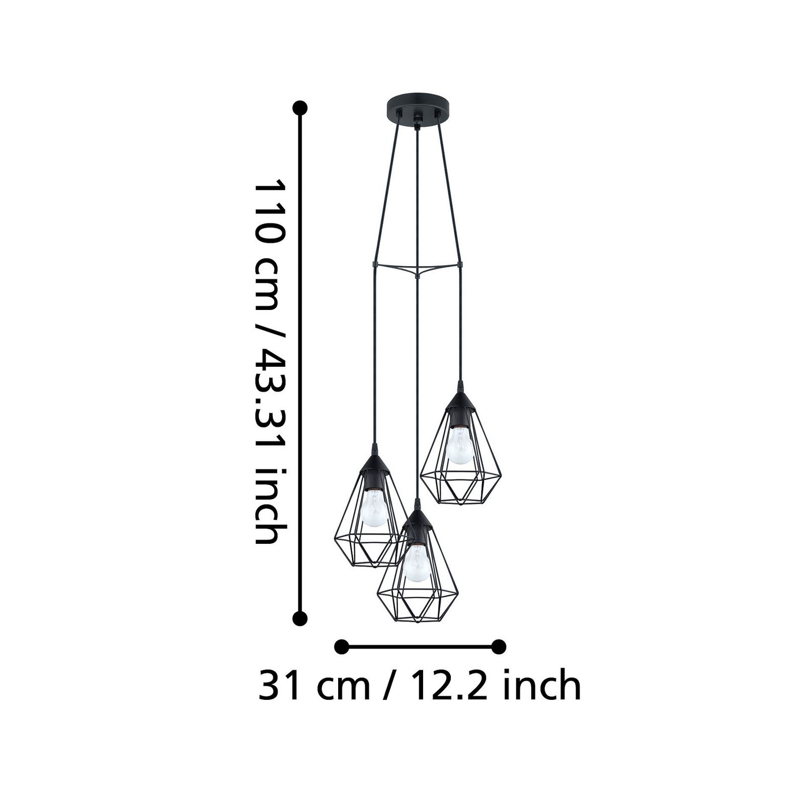3-bulb vintage pendant light Tarbes in black