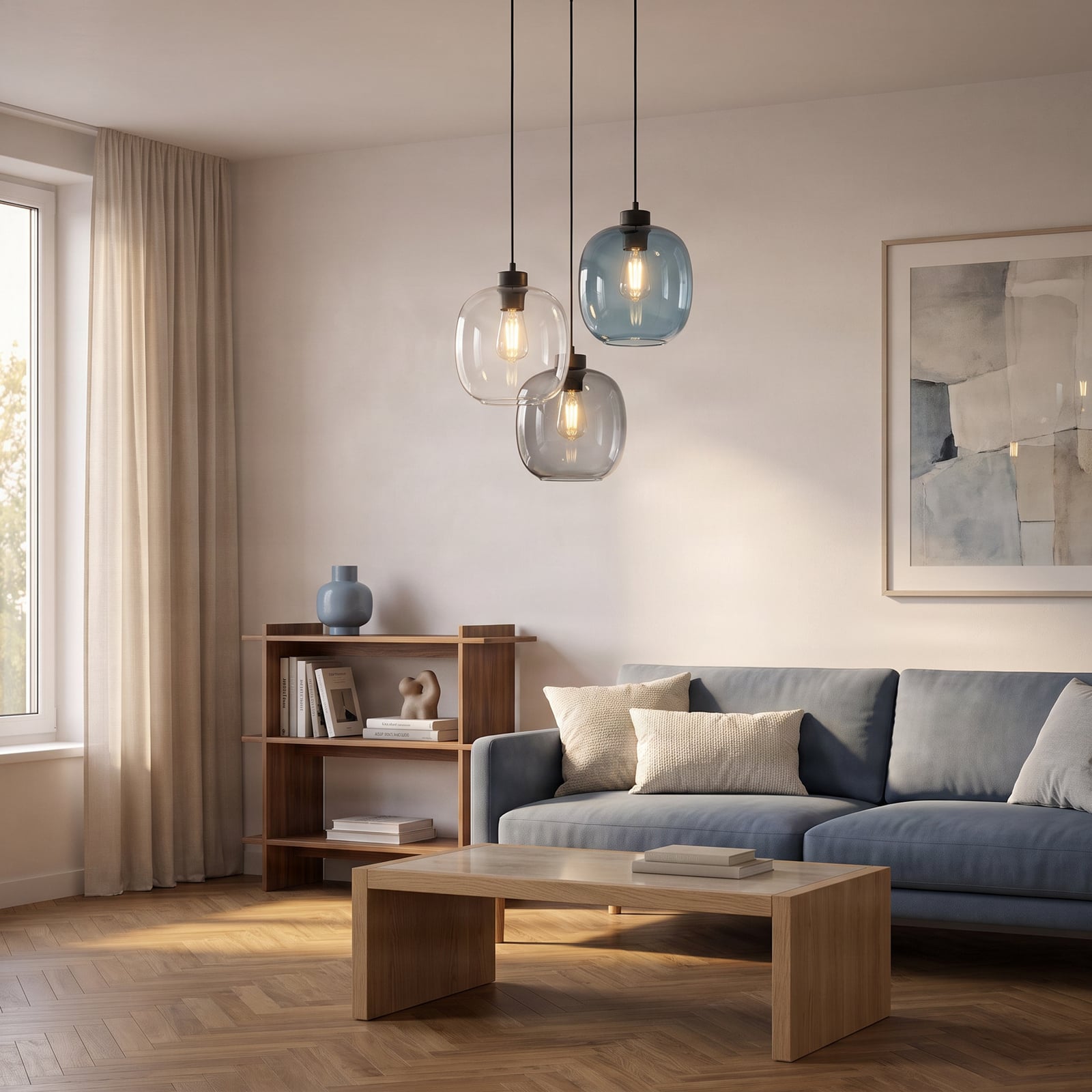 Elio hanglamp, glas, blauw/helder/grijs, Ø 52 cm, 3-lamps Elio hanglamp, glas, blauw/helder/grijs, Ø 52 cm, 3-lamps