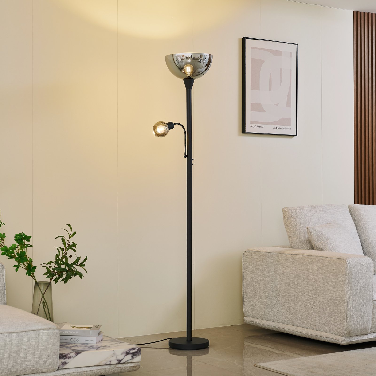 Lindby floor lamp Nehemia, black, glass, reading light, 185 cm